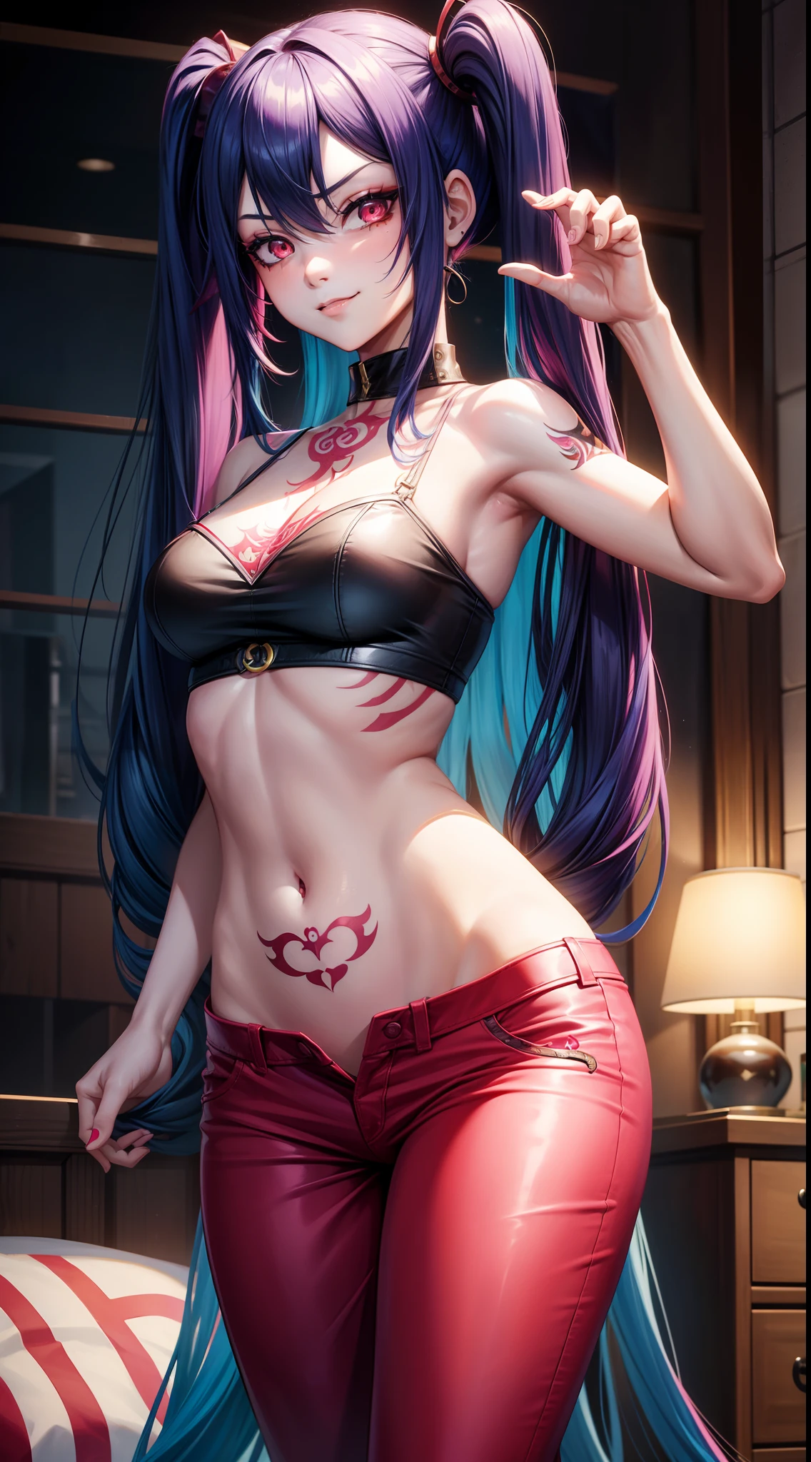 young girl, long blue hair, Two long pigtails, red eyes, smirk, tattoo, Black Top, open belly, flat chest, pink pants, Jinx(League of Legends), Masterpiece, hiquality, 4k, HD, Good detail