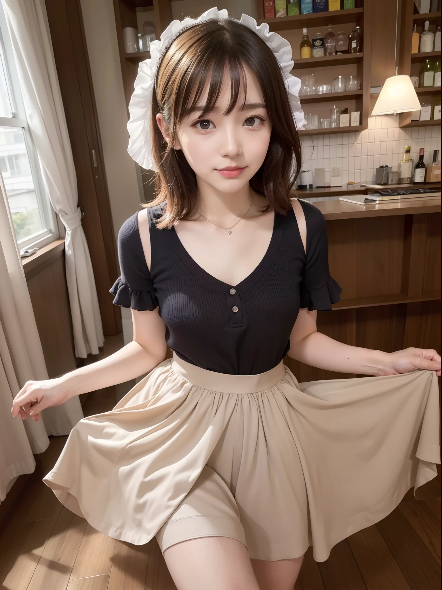 ((of the highest quality, 8K, masutepiece: 1.3, Raw photo)), Sharp Focus: 1.2, (1 AESPA Girl :1.1), Solo, (Realistic, Photorealistic: 1.37), (Face Focus: 1.1), Cute face, hyperdetailed face, (short messy hair: 1.2), Small Smile, Small breasts, flat chest, nude, ruffle-skirt, multilayer-skirt, chiffon skirt, Thigh, cafe, bar, books