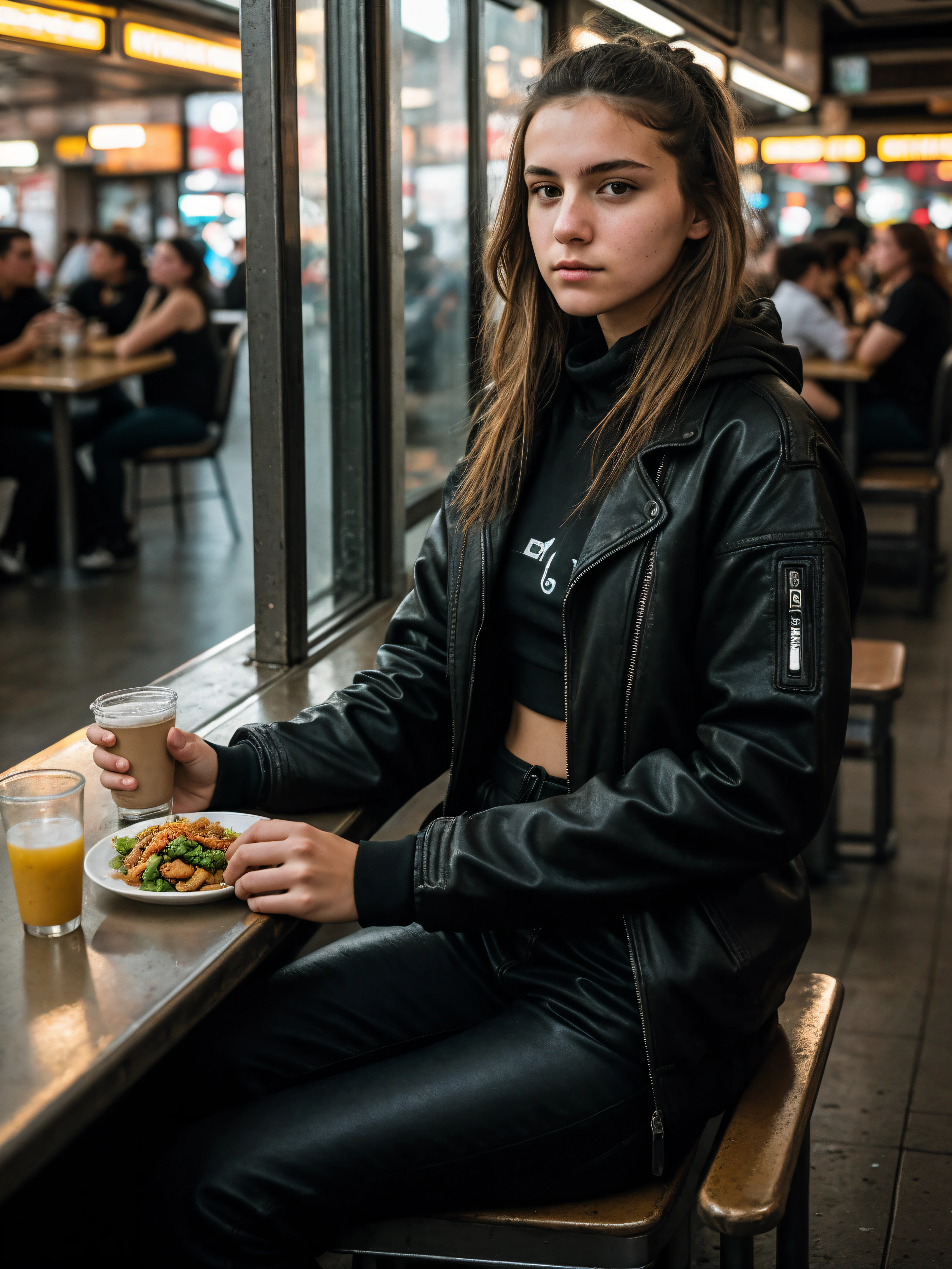 gritty raw street photography, plain clean earthy young female hacker, matrixpunk cybercostume, sitting in a busy crowded street diner, (hyperrealism:1.2), (8K UHD:1.2), (photorealistic:1.2), shot with Canon EOS 5D Mark IV, detailed face, detailed hair