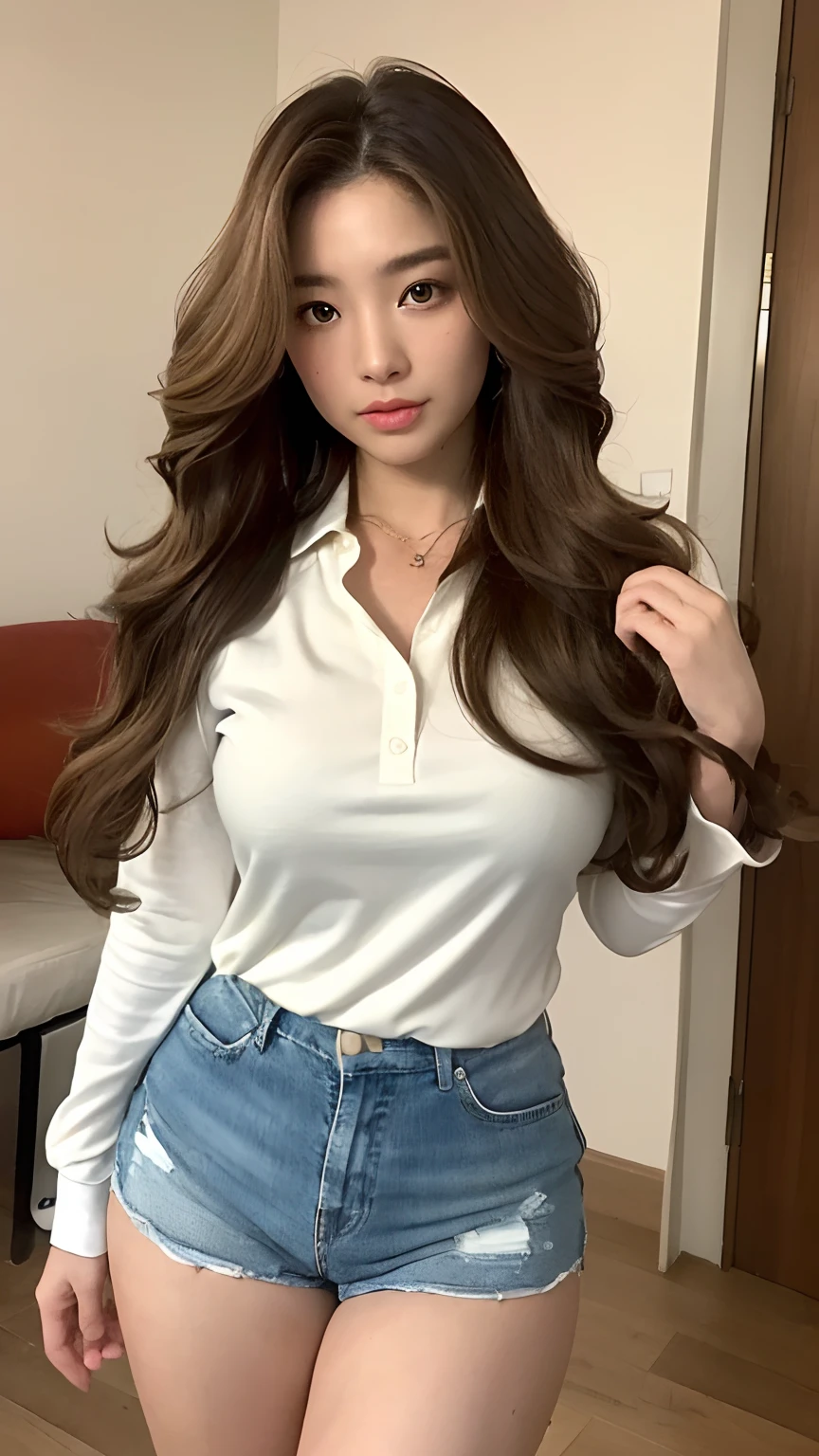 ((best qualtiy, 8K, tmasterpiece:1.3)), Focus:1.2, perfect figure beautiful woman:1.4, Cocked buttocks:1.2, ((Random Long Thick Hairstyle) ((Brown Wavy Hair In Big Curls))(Long white legs:1.3,(Polo shirt With Shorts:1.2) , (inside in room: 1.2), Highly detailed facial and skin texture, A detailed eye, 二重まぶた,Whiten skin,(Straight big breasts:1.3), looking at camera, Wear a necklace,