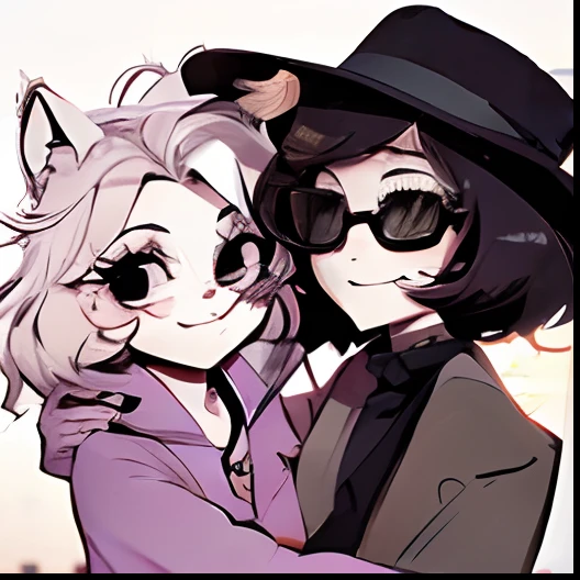 Make these two women cartoon-style on a sunset hugging each other