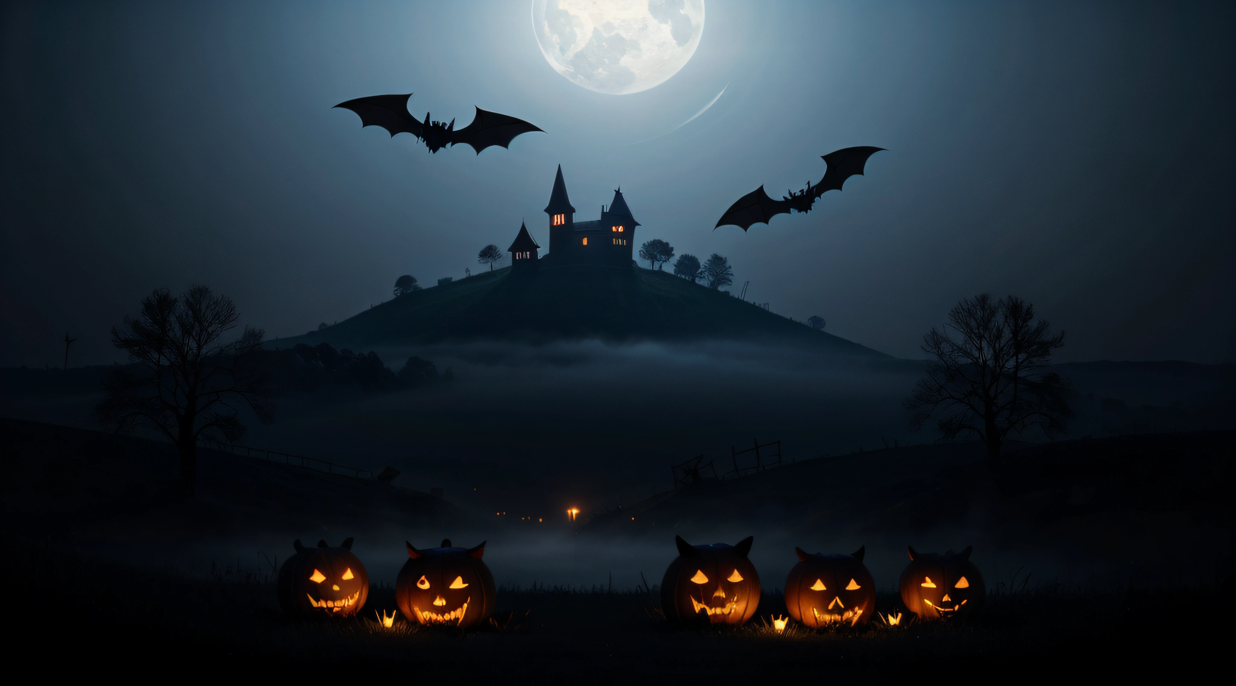 Halloween scary vector dark background with magic red and blue lights evil eyes, owls and bats silhouettes in mystic fog.