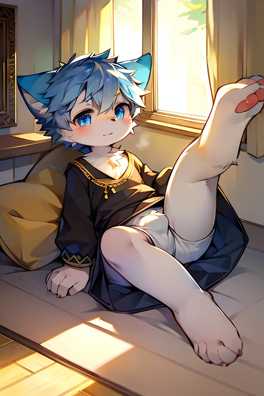 Blue pupils, Light yellow fluffy body, Light yellow furry tail, Boy cat，Exquisite wallpapers，Very cute，The popular style of the P station，One role solo，Light yellow cute fluffy little long legs，Shotai style，Blushlush，intricate detailed clothes