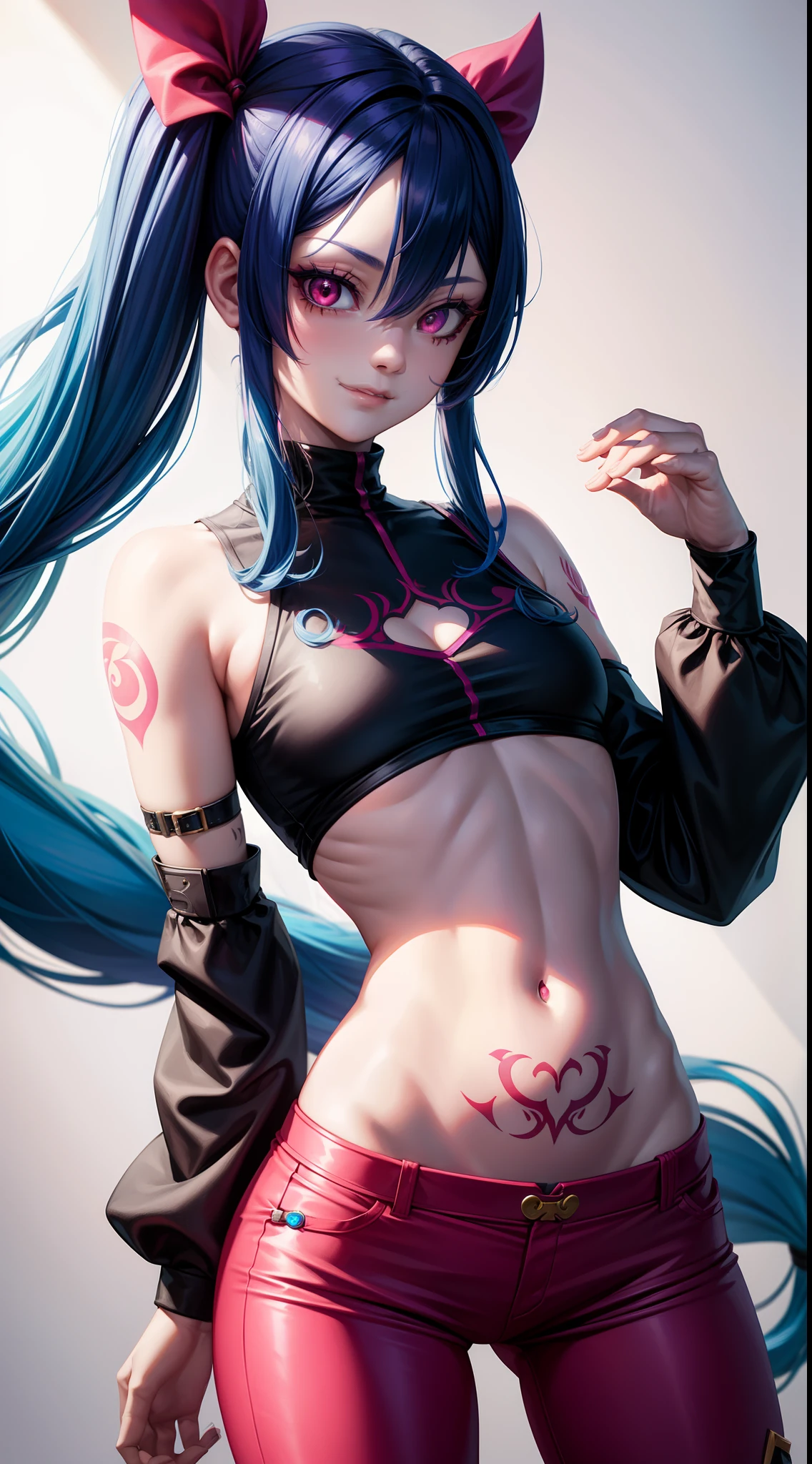 young girl, long blue hair, Two long pigtails, red eyes, smirk, tattoo, Black Top, open belly, flat chest, pink pants, Jinx(League of Legends), Masterpiece, hiquality, 4k, HD, Good detail