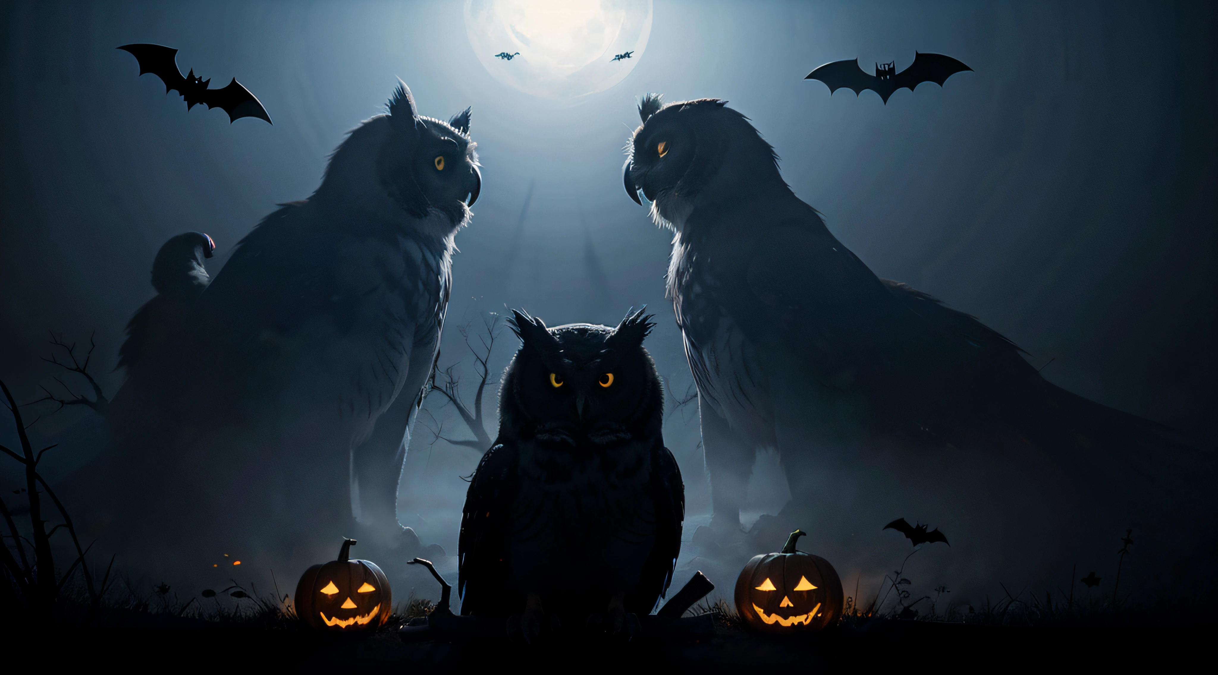 Halloween scary vector dark background with magic red and blue lights evil eyes, owls and bats silhouettes in mystic fog.
