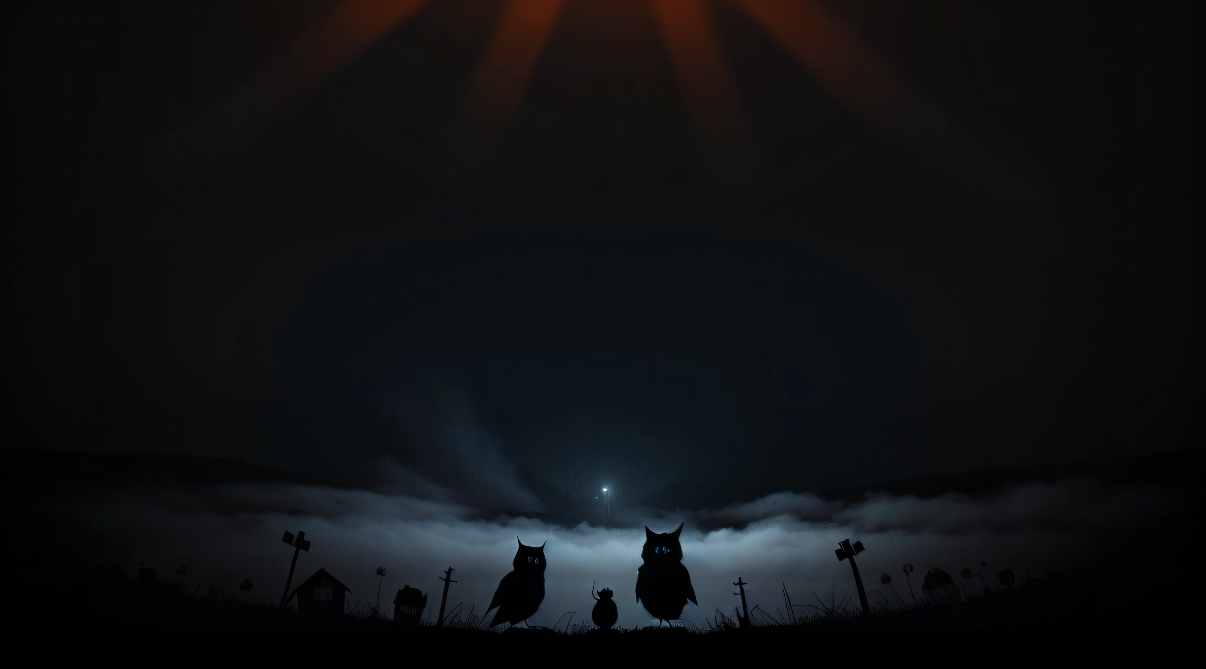 Halloween scary vector dark background with magic red and blue lights evil eyes, owls and bats silhouettes in mystic fog.