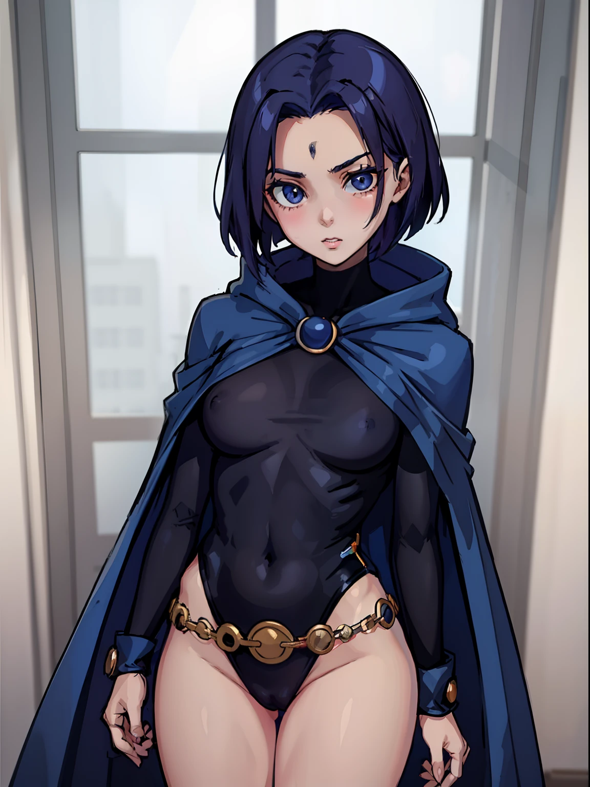 1girl,solo,(cowboy shot), RavenTT, navy-blue cloak, black leotard, brooch, belt,covered