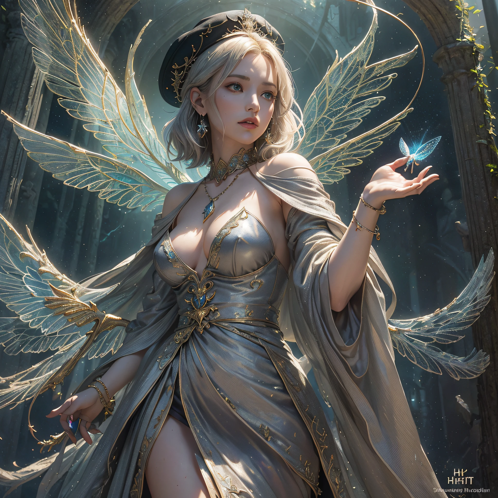 (Numerous award-winning masterpieces, with incredible detail, textures and maximum detail), (full-body standing image:1.8), (upper body up:0.3), (hyper realistic:1.4), (realistic:1.3), (best quality real texture skin), (Beautiful fairy high rank wizard: 1.7), (holds a long wizard's staff that is elaborately decorated and emits a mysterious light: 1.7), (finely detailed true circle Symmetrical eyes), (finely drawn beautiful face), ((medieval world)), (Wearing a wizard's black hat: 1.6), (A jet-black cloak with delicate decorations: 1.6), (A cloak with delicate decorations, although it is damaged and faded: 1.5), (full-body standing image:1.8), (Beautiful clear eyes), (slight smile), (beautiful colored eyes full of joy), (Advanced fairy wizard who releases magic from his fingertips: 1.3), (Shining majestic cloud masses and sky:1.4), (Magic circle that emits light strongly: 1.3), Dramatic Light, majestic sight, (There are 4 large transparent wings of a dragonfly behind the shoulders: 1.7), (((folded wings))), Glass earrings on the ears, (((dramatic photo))), (full-body standing image:1.8), (golden hair), (silver hair), (chestnut hair), Short cut hair, ((looks up)), ((looking down)), (Around her neck is a simple necklace of exquisite workmanship), Old ruins infested with plants, great temple, great cathedral, temple ruins, detached temple, (Luminous magic circle), Ruins of an ancient castle, Deserted ruins, crumbling ruins, Ancient ruins with clear water, highly detailed, ultra-realistic, intricate details, painting (artwork), ((masterpiece,best quality)), ((cinematic light)), hyper realistic, fearsome, dark fantasy, Sacred Light, epic realistic, faded, ((neutral colors)), art, (hdr:1.5), (muted colors:1.2), hyper detailed, (art station:1.5), cinematic, warm lights, light effect, dramatic light, (intricate details:1.1), complex background, (Greg rutkowski:0.8), (teal and orange:0.4),