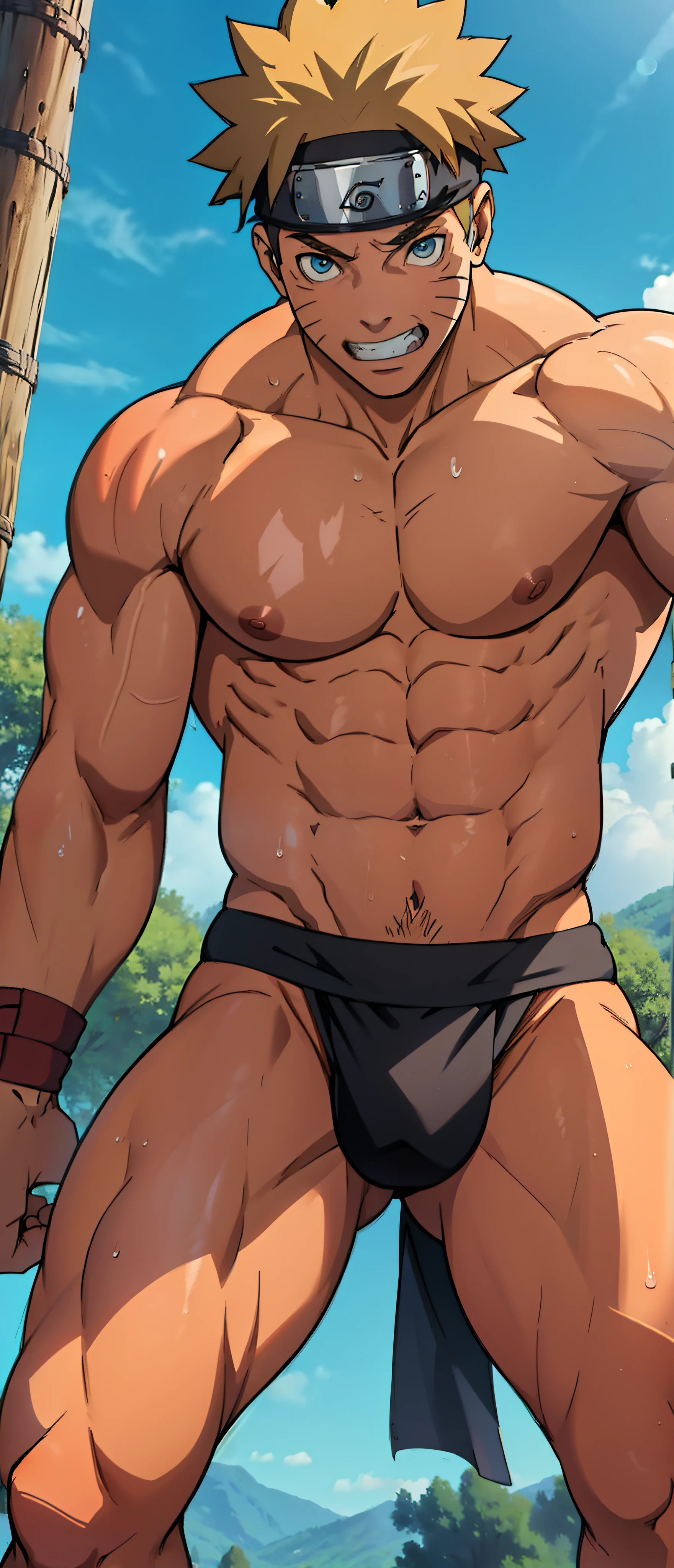 (muscular thigh muscles ) (photo angle from bottom up)(Drawings of Naruto anime) (photo angle from the ground upwards) [Anime photo][highest quality photo][4k,HD photo quality ] wear tight and short loincloths  ,the loincloth bulges due to the erect male genitals (muscular thigh muscles, firm thigh muscles, muscular thigh muscles, sinewy thigh muscles, giant thigh muscles, strong leg muscles, muscular hamstring leg muscles)(thigh muscles bulging as if about to explode, muscular, calloused, sinewy, giant) , Uzumaki Naruto ,fun, happy,bodybuilder,bodybuilding, standing, red skin , pink skin, tanned skin,reddish brown skin, lots of sweat flowing down, topless, shirtless, hot sunny, (do not wear banners,do not wear headbands) blue eyes, 8 pack abs