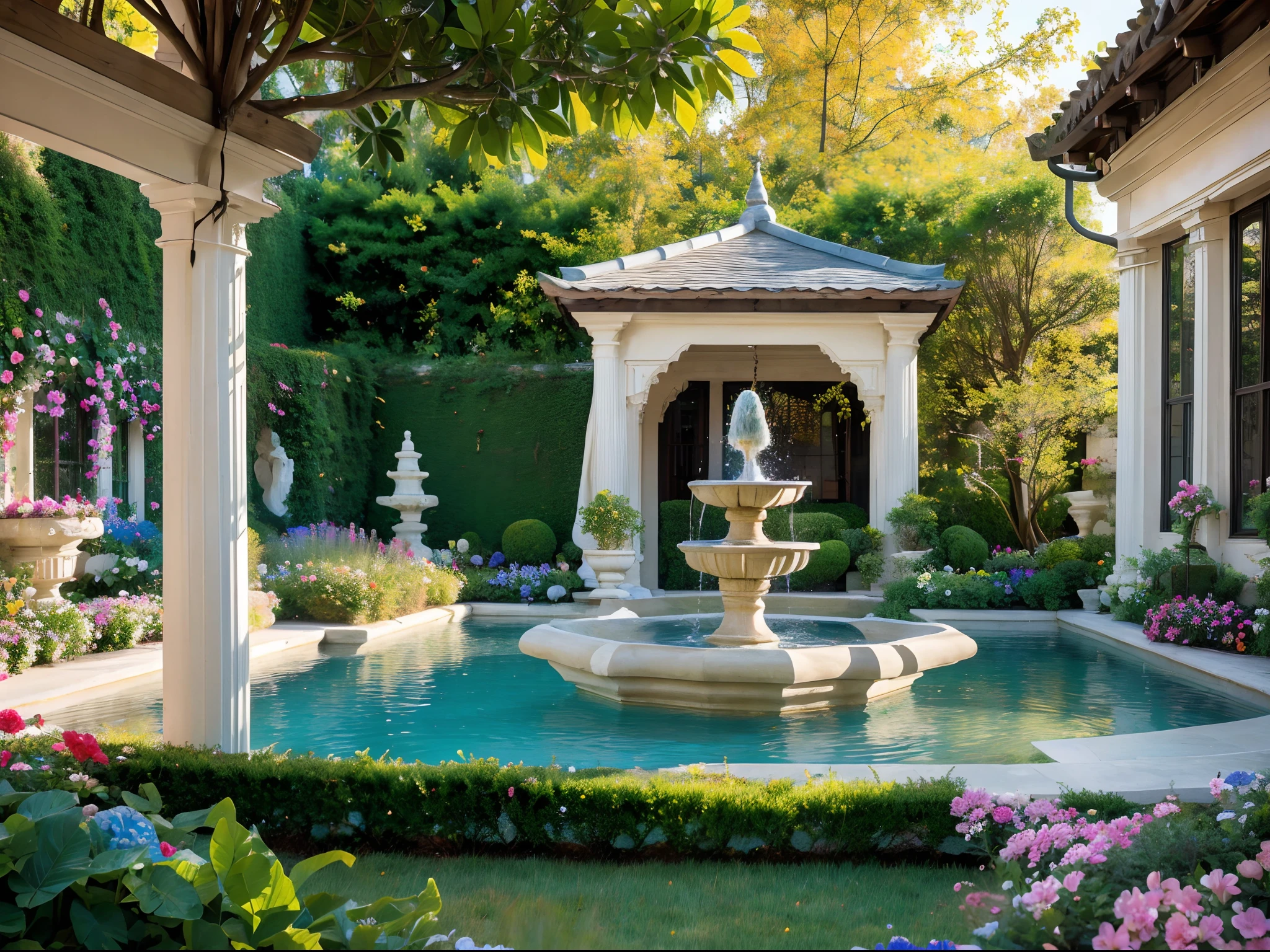 In the courtyard of this luxury villa, I walked as if I were in a fantasy garden. Intricate and elaborate flower carvings adorned the walls of the entire garden and reflected in the play of light and shadow, exuding a rich artistic atmosphere. In the center of the courtyard lies a small fountain, and the water droplets sparkle with a colorful glow under the sunlight, jumping like elves. The flower beds are filled with a variety of vibrant flowers, filling the air with a delightful fragrance. Looking around, lush green plants decorate every corner, perfectly blending nature and art together.
(best quality,4k,8k,highres,masterpiece:1.2),ultra-detailed,(realistic,photorealistic,photo-realistic:1.37),HDR,UHD,studio lighting,ultra-fine painting,sharp focus,physically-based rendering,extreme detail description,professional,vivid colors,bokeh,portraits,landscape