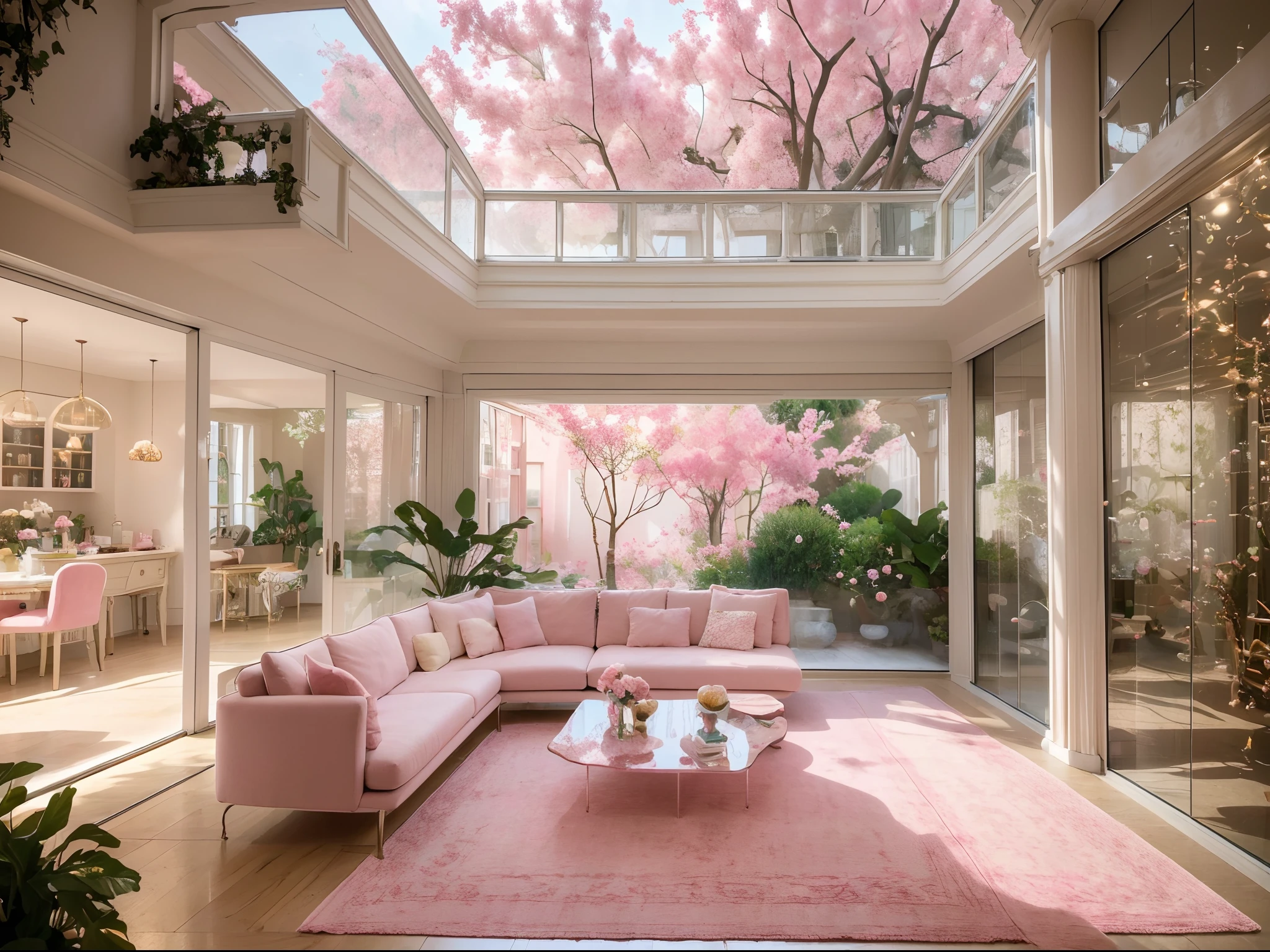 When you enter the living room of this upscale villa, a magical scene unfolds before your eyes. Outside the wide French windows is a courtyard full of enchantment, with a fountain in the distance emitting pink mist. The walls of the living room are painted with a lifelike forest pattern, as if you have truly stepped into a fairyland. The white sofa is adorned with a pink velvet blanket, creating a cozy atmosphere. Through the transparent coffee table, you can see the aquarium underneath, where the swimming goldfish seem to add a touch of vitality to this wonderful setting.

(best quality,4k,8k,highres,masterpiece:1.2),ultra-detailed,(realistic,photorealistic,photo-realistic:1.37),illustration,soft lighting,vivid colors,studio lighting,lifelike forest pattern,enchanting courtyard,fountain emitting pink mist,cozy atmosphere,pink velvet blanket,transparent coffee table,aquarium with swimming goldfish,fairyland ambiance.