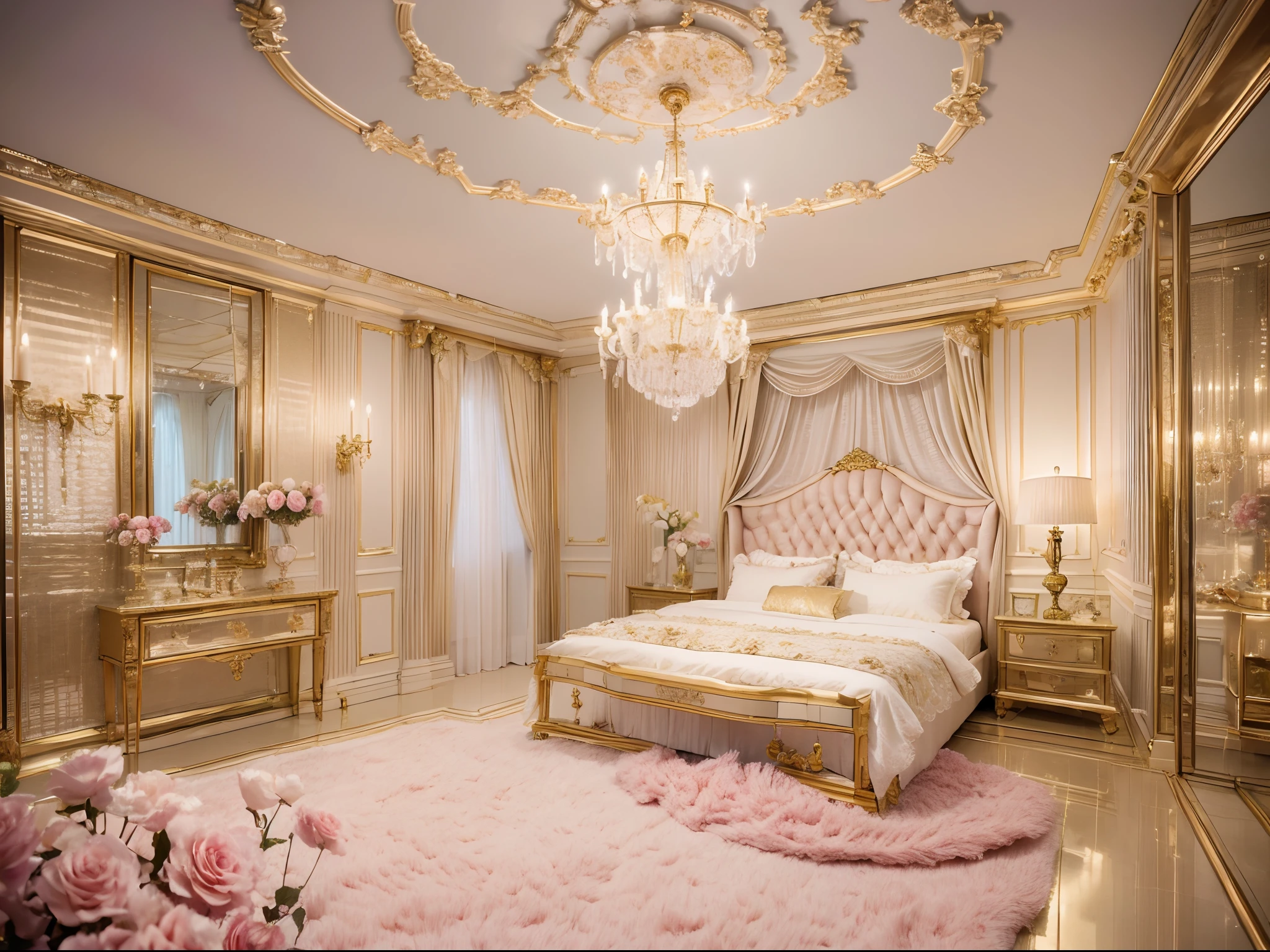 (best quality,highres,ultra-detailed),(realistic,photorealistic:1.37),luxury,customized,bedroom,palace-like,private,fringe,decorative,craftsmanship,finely-detailed,shimmering,golden lines,night sky,soft,light blue,velvet bedding,cloud-like feeling,ceiling,crystal chandelier,warm,soft light,bedside table,pearl-encrusted,rose vase,romantic,luxurious,indulgent,cozy,ethereal,vivid colors,luxury,bokeh