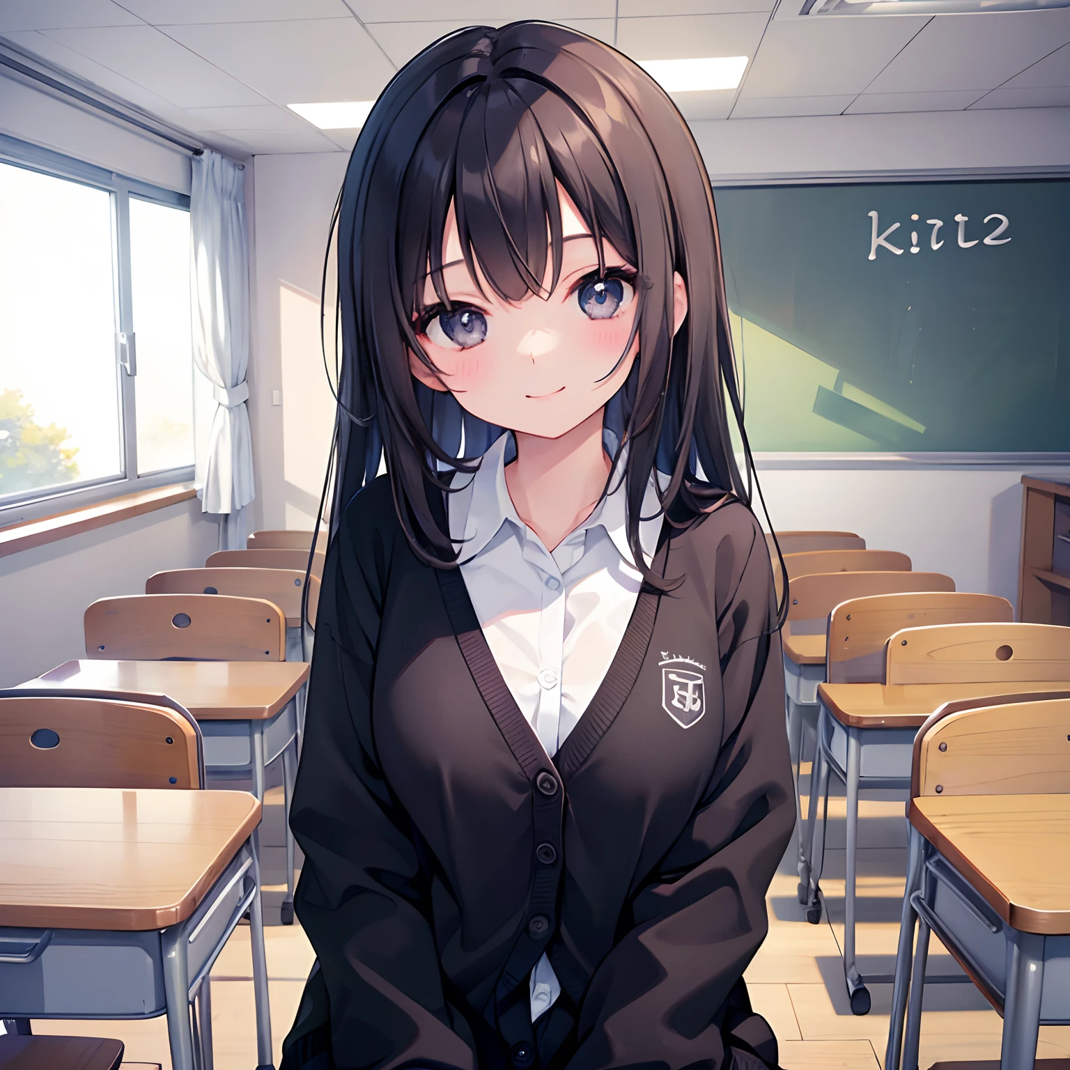 girl with、1 persons、Dark hair、Black eyes、length hair、Cheerful smile、huge smile、Pupils、校服、Cardigan、Classroom、chatting、sit a chair