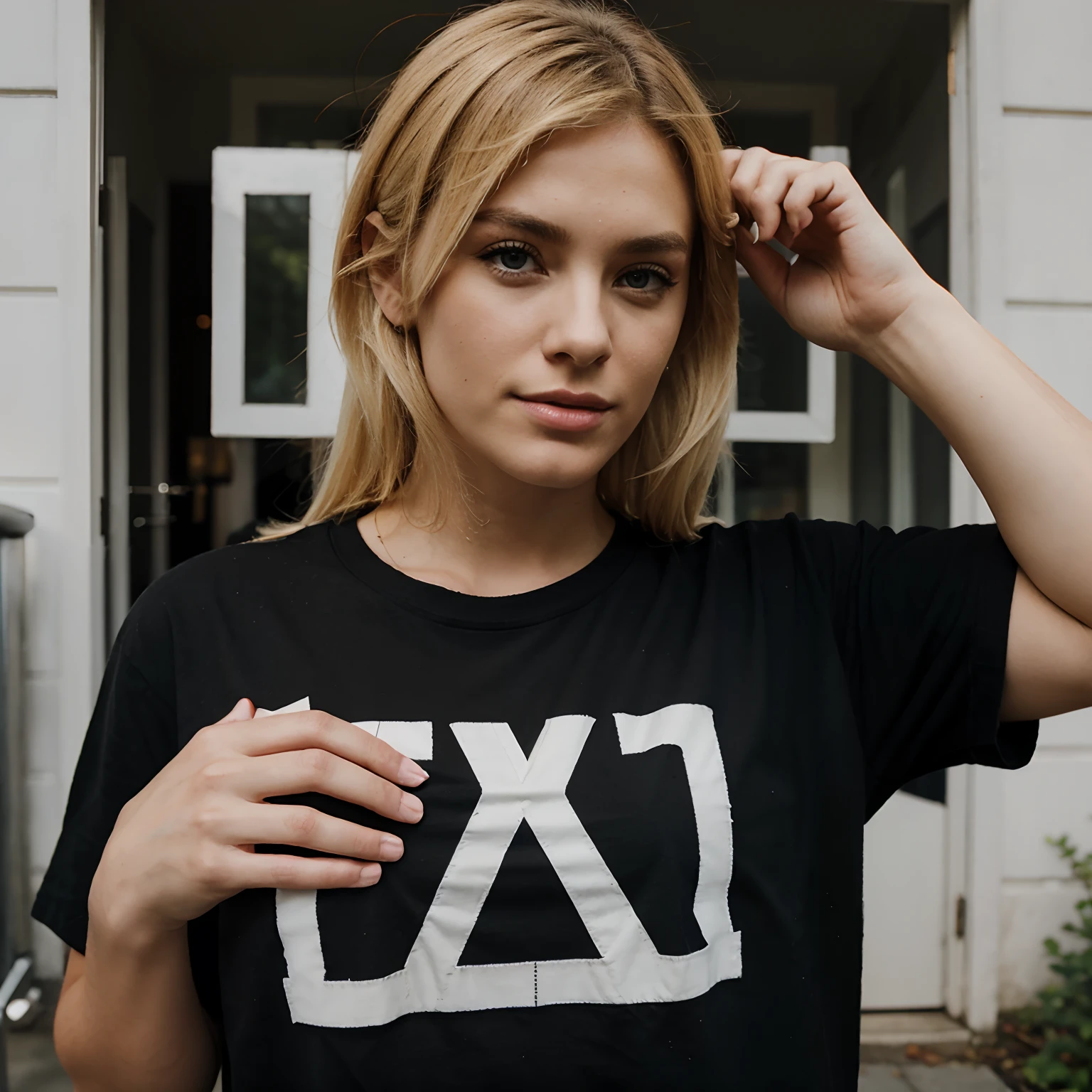 a blond Put the SCAB logo on a black T-shirt