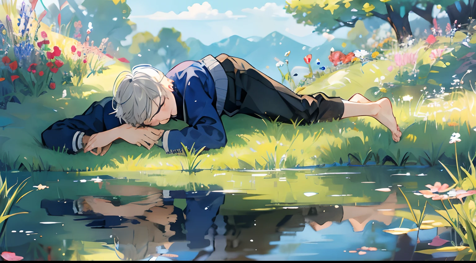 French elementary school boys、Sleeping face down in a meadow、Anime style、Reflected up to the toes、full bodyesbian、No reflection on the surface of the water