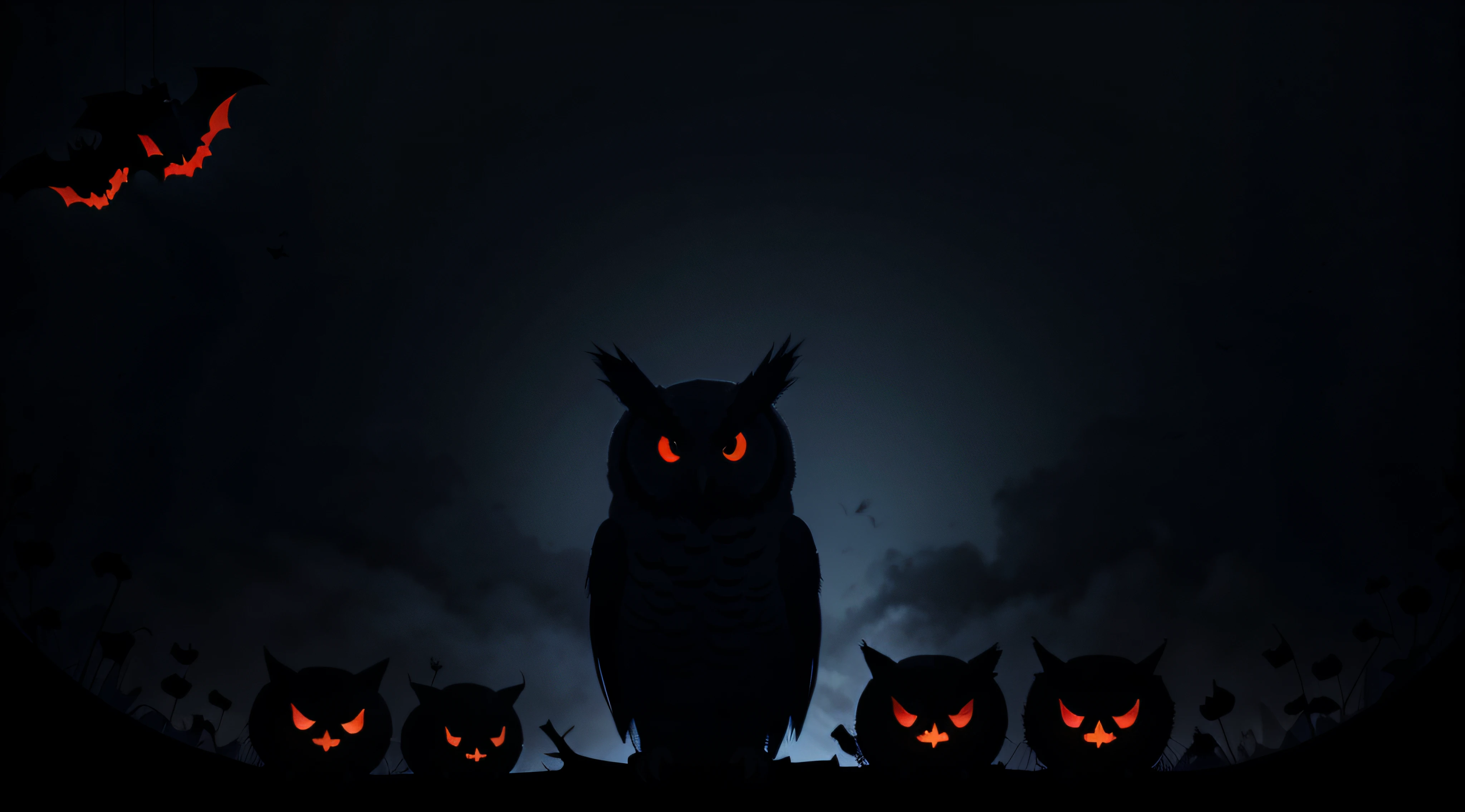 Halloween scary vector dark background with magic red and blue lights evil eyes, owls and bats silhouettes in mystic fog.