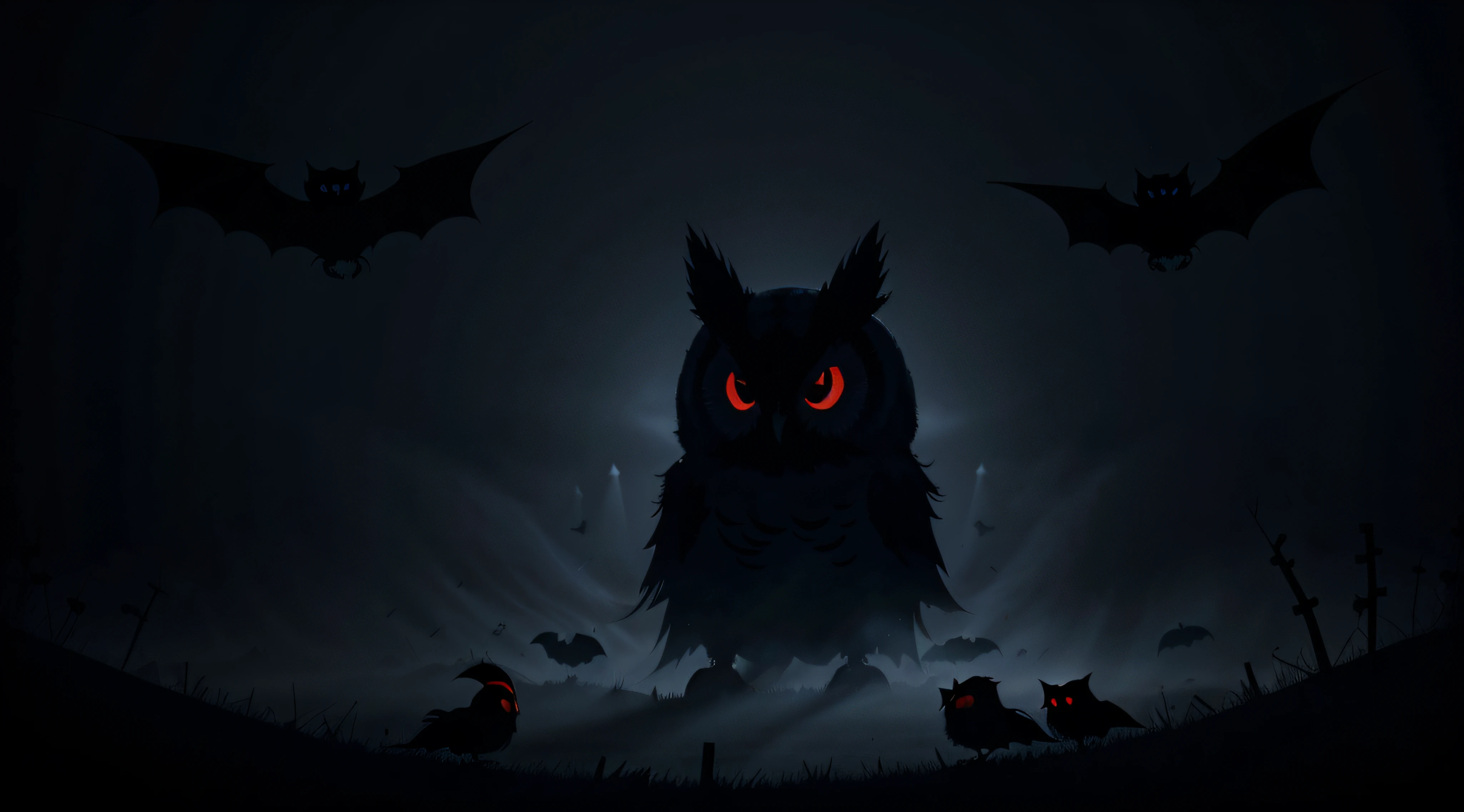 Halloween scary vector dark background with magic red and blue lights evil eyes, owls and bats silhouettes in mystic fog.