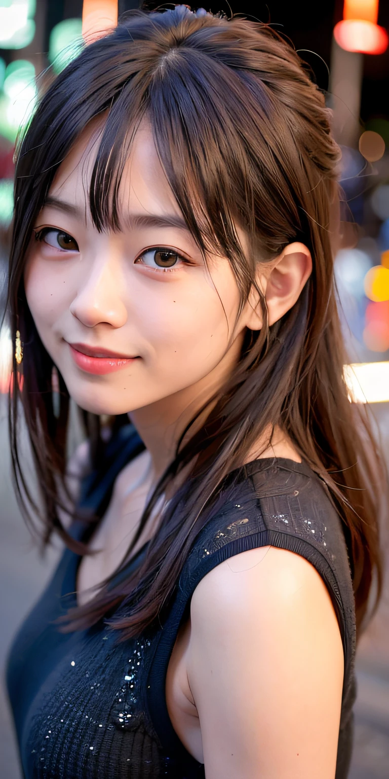 1girl, Tokyo street,night, cityscape,city lights,upper body,close-up,smile,, (8k, RAW photo, best quality, masterpiece:1.2),(realistic, photo-realistic:1.37),
