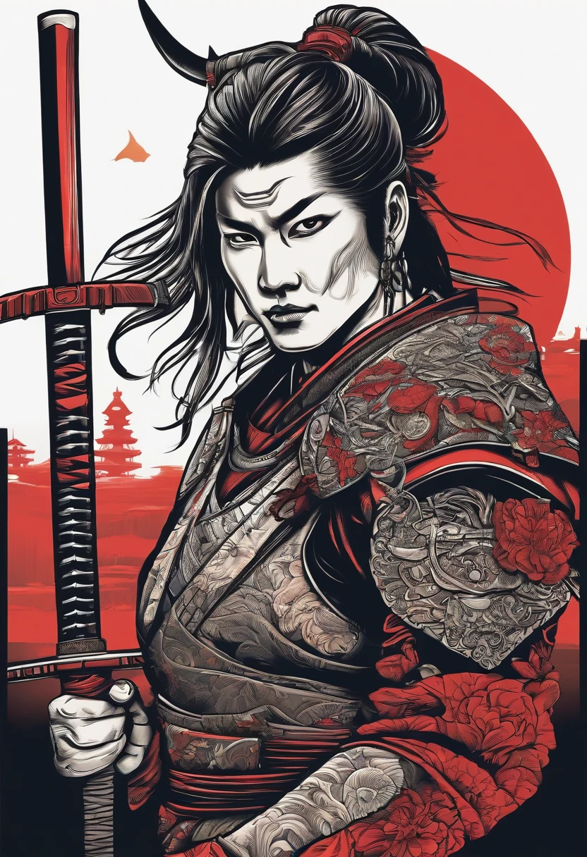 Japan cyberpunk samurai vector t-shirt print, Detailed sticker styles, Color drawing in tattoo style, White background