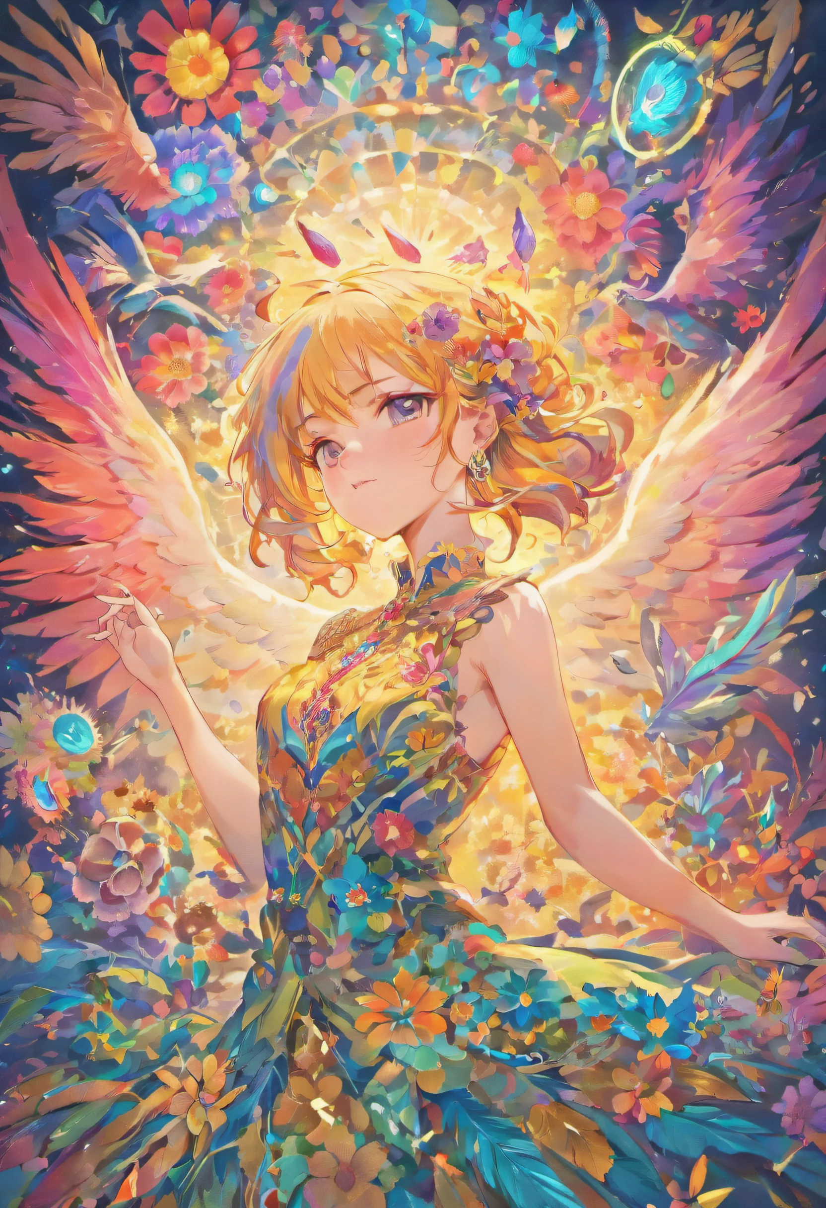 (masterpiece, top quality, best quality, official art, beautiful and aesthetic:1.2), (1girl:1.3), extremely detailed,(fractal art:1.1),(colorful:1.1)(flowers:1.3),highest detailed,(zentangle:1.2), (dynamic pose), (abstract background:1.3), (shiny skin), (many colors:1.4), ,(earrings:1.4), (feathers:1.4)
