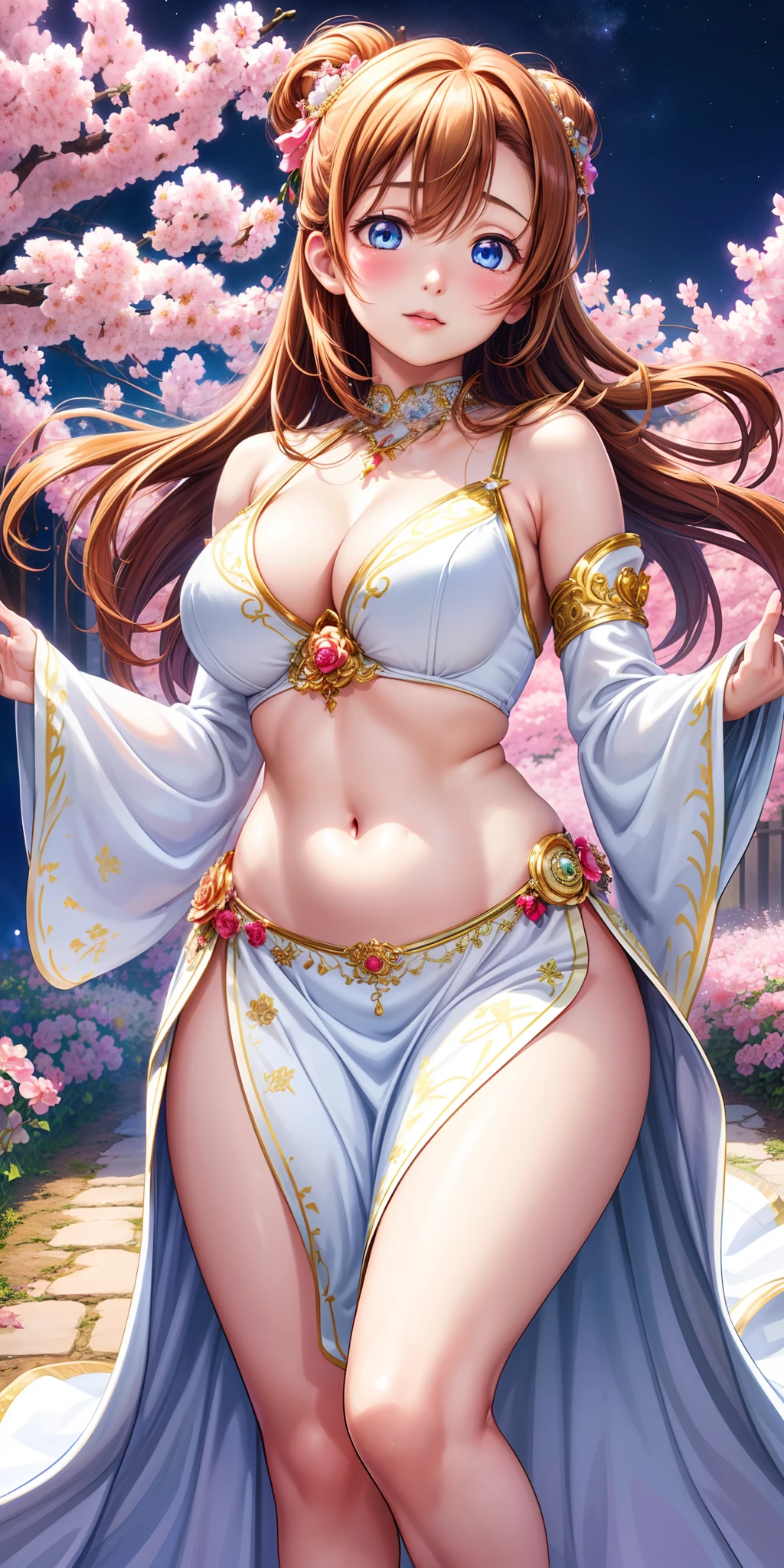 (best quality, realistic:1.2), kousaka honoka, long hair, stunning eyes, mesmerizing glowing eyes, long dress with sleeves, midriff, delicate blush, enchanting night scenery, blooming flowers under the moonlight, warm sunlight filtering through the branches and casting a gentle glow, (curvy body), goddess