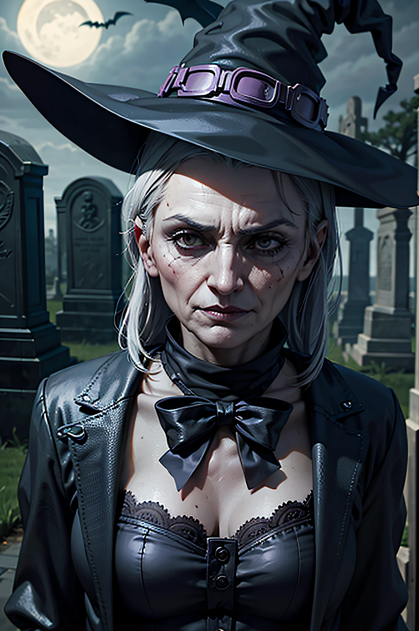 Halloween image of nefarious witches with old face and in gloomy cemetery --auto