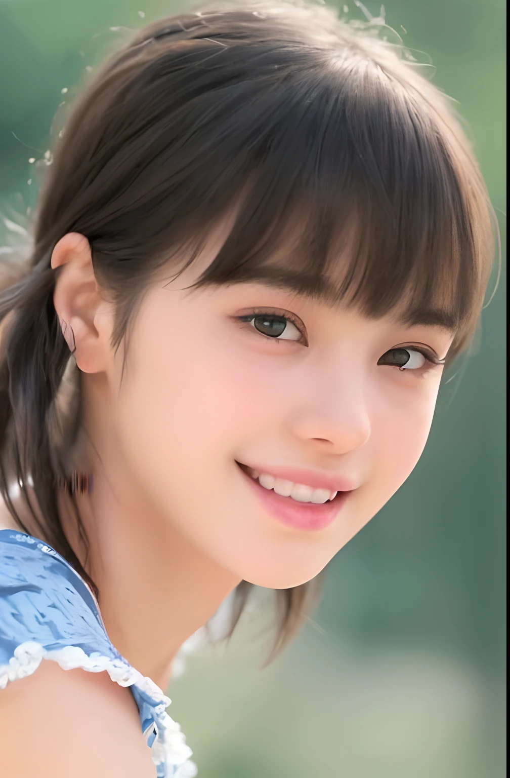 Neat and clean schoolgirl, petite person, (slim, Small, Flat, Small), Short black hair, Photorealistic, detail, Skin Texture, Ultra Detail, Wear sandals, delicate sexy collarbone, Smile, Super Detailed Face, Detailed lips, Detailed eyes, 13Year old girl、Delicate eyebrows、Ball bokeh background、(Looking at the photographer)、colourfull、Full body like、barechested、a bed、Sit up、Thin leg、big breasts thin waist、、No shorts、No bra