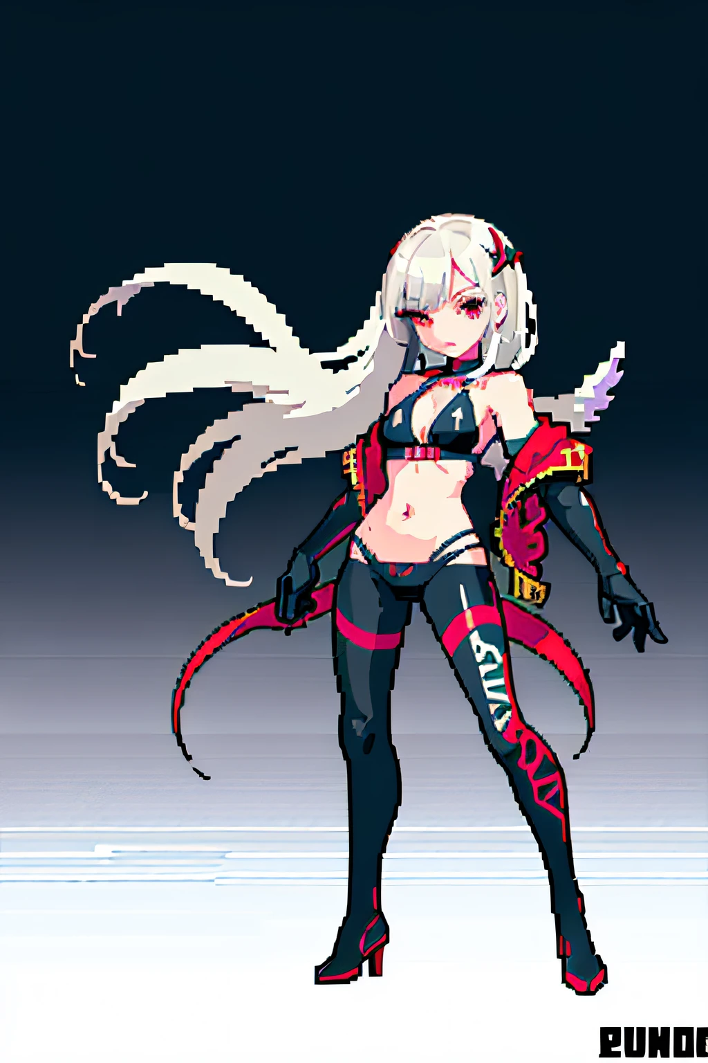(masterpiece, top quality, best quality, less detail, ), pixel,pixel art, 1girl,full body,attack pose, US style, poor jacket, game asset, red eyes, silver hair, vampire element, ice element, bikini on top, fallen angel, short pant, android suit, fantasy of eden jungle