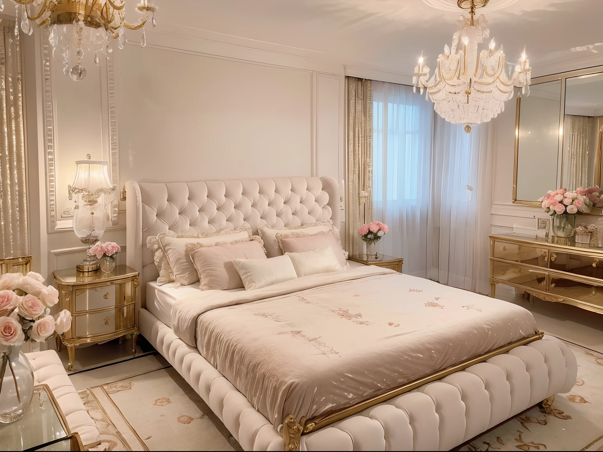 (best quality,highres,ultra-detailed),(realistic,photorealistic:1.37),luxury,customized,bedroom,palace-like,private,fringe,decorative,craftsmanship,finely-detailed,shimmering,golden lines,night sky,soft,light blue,velvet bedding,cloud-like feeling,ceiling,crystal chandelier,warm,soft light,bedside table,pearl-encrusted,rose vase,romantic,luxurious,indulgent,cozy,ethereal,vivid colors,luxury,bokeh