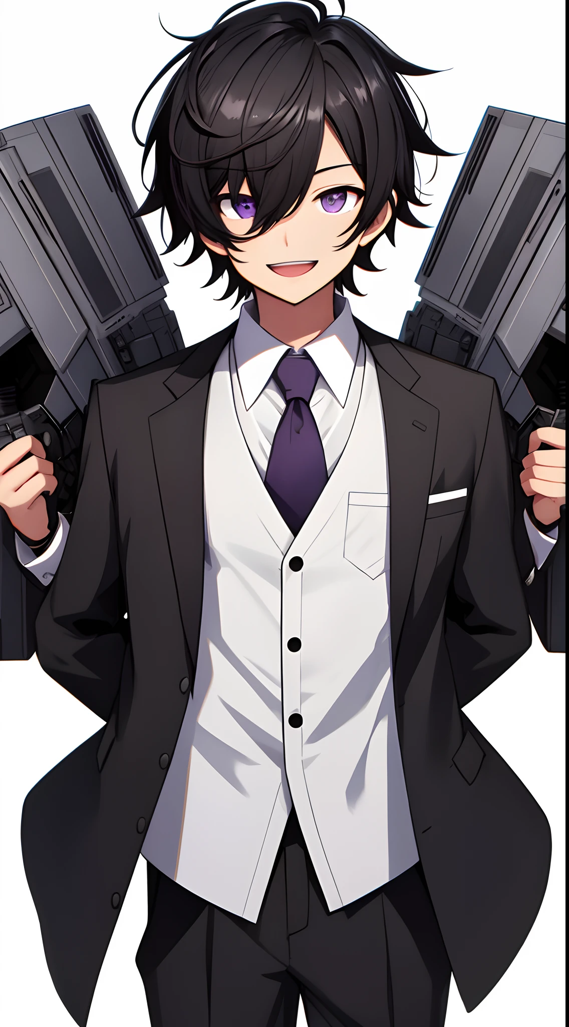 concept-art、above knee、((Arms at sides))Upright、Looking at Viewer, simple background、White background, One Man Man, Open mouth, Smile, Virtual Youtuber、((man))、((Best Quality, high_resolution, Distinct_image)),(Black hair), (absurdly short hair), , (Eyes are purple),、A smile、View Viewer。Monocle put on。Background white。Wearing a tie。