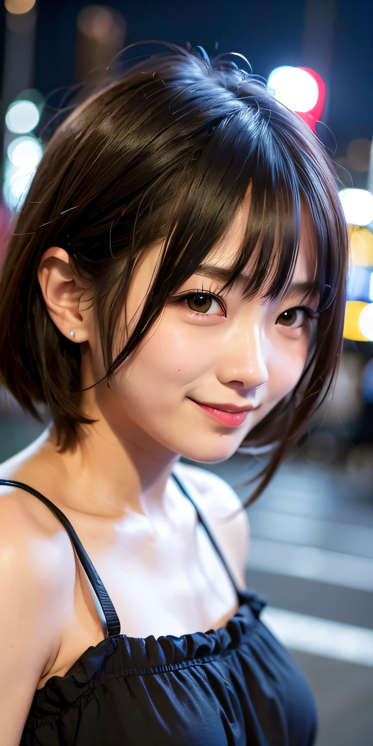 1girl, Tokyo street,night, cityscape,city lights,upper body,close-up,smile,, (8k, RAW photo, best quality, masterpiece:1.2),(realistic, photo-realistic:1.37),