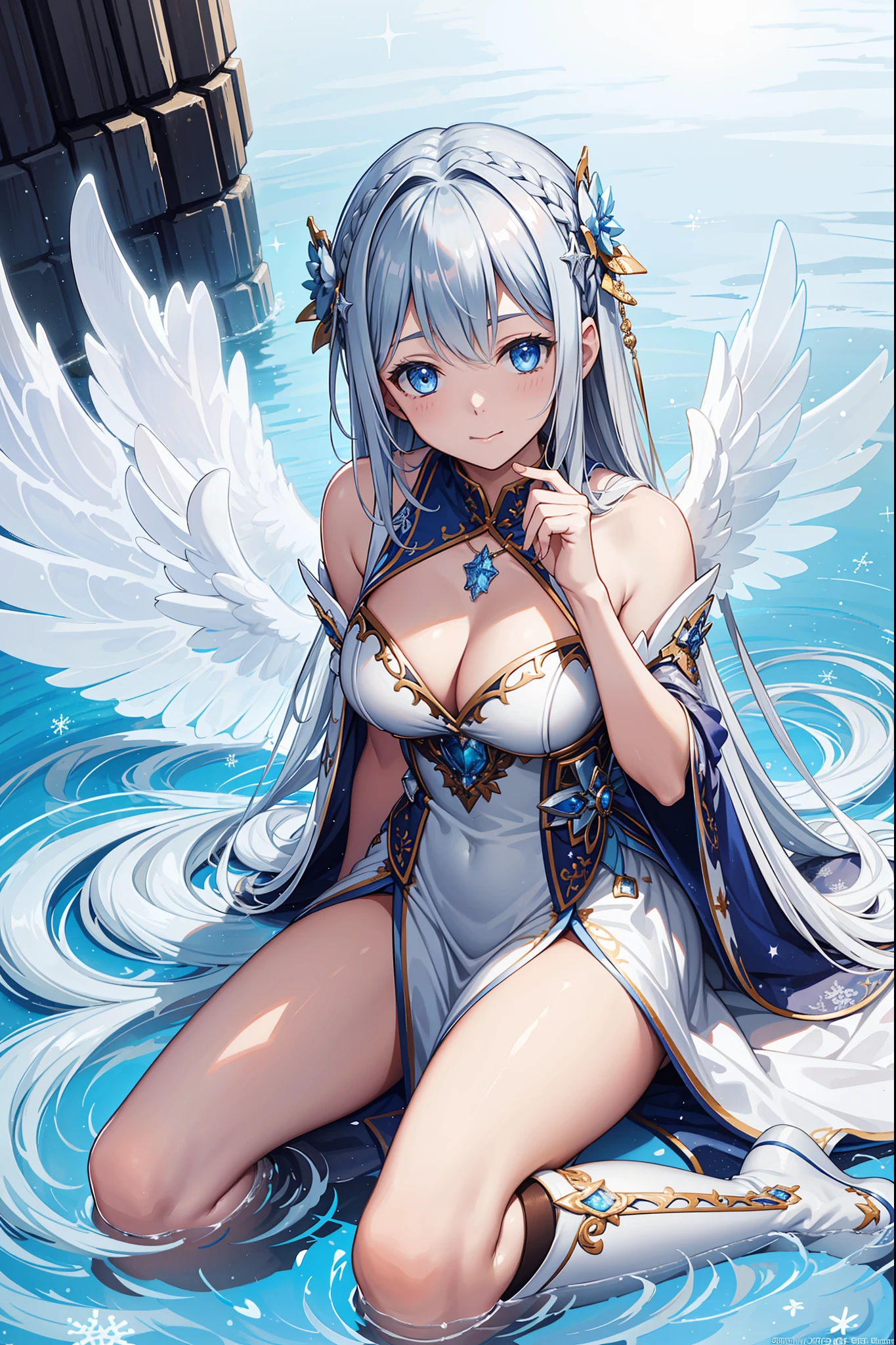 saints，seductiv，having fun，Being in love，(Western magic white dress)，silber hair，eBlue eyes，Suitable transparent clothing，Decoration of saints，Sky blue cloth，Snowflake pattern，Sky blue pattern，Snowy nights，Transparent lace，exquisite costumes，Sit Pose，solo person，Japanese courtyard，(natta:1.1)，nevando，(Long tube suspender boots:1.1)，Delicate and beautiful face，Sit Pose