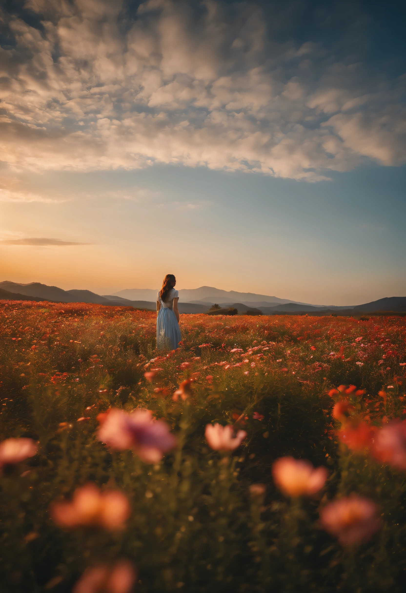 Lonely flowers and blue sky、Autumn sky and beautiful cosmos flowers、Landscape photo of the vast cosmos flower field、（View from below with a view of the sky and the wilderness below）、Girl looking up at blue sky、Draw a big picture of the sky、masutepiece、top-quality