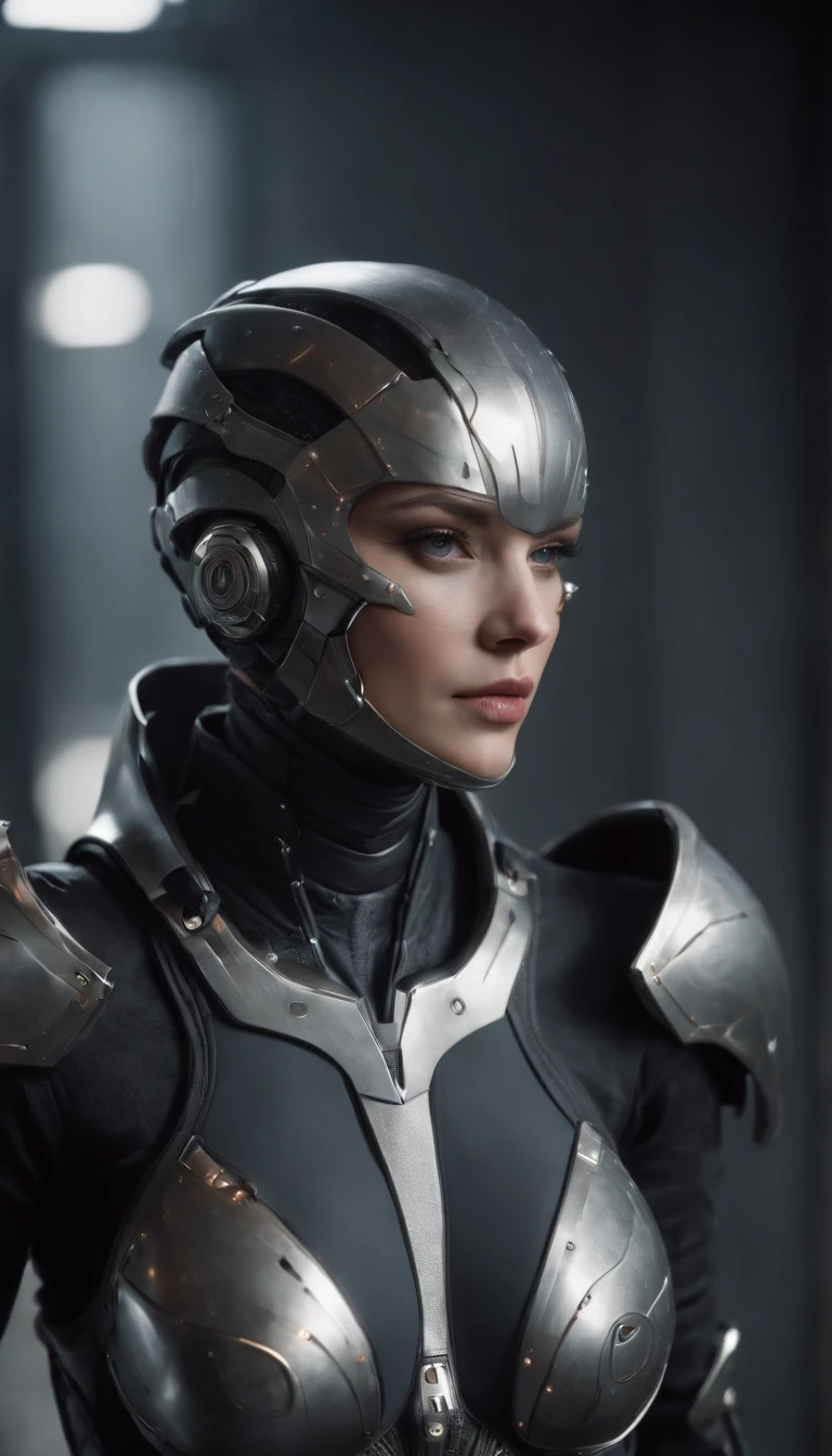 a beautiful cyborg warrior in style RustMagic, weitwinkel szene, obliquely from below, action, im Sprung, Backward-facing, Shooting with two futuristic handguns, Der Aufstieg von Cyberpunk, Cyberware, Cyborg, Kohlefaser, Chrom, Implantate, Totenkopf aus Metall, Cybernetic plate armor, (somber atmosphere:1.2), (diente & Rauch), (Dunkle Nacht:1.3), Narben, (zerzaustes, mittellanges, dunkles Haar:1.1), (Lidschatten:1.1), (Beautifully detailed brightness:1.2), (Filmische Beleuchtung), Komplizierte Details, High resolutions, Abgerundete Augen, detailed facial features, scharfer Fokus, GLATT, aesthetic, Detaillierter dunkler industrieller Fabrikhintergrund, Elegante Posen, Dynamische Pose, (Dramapaint)