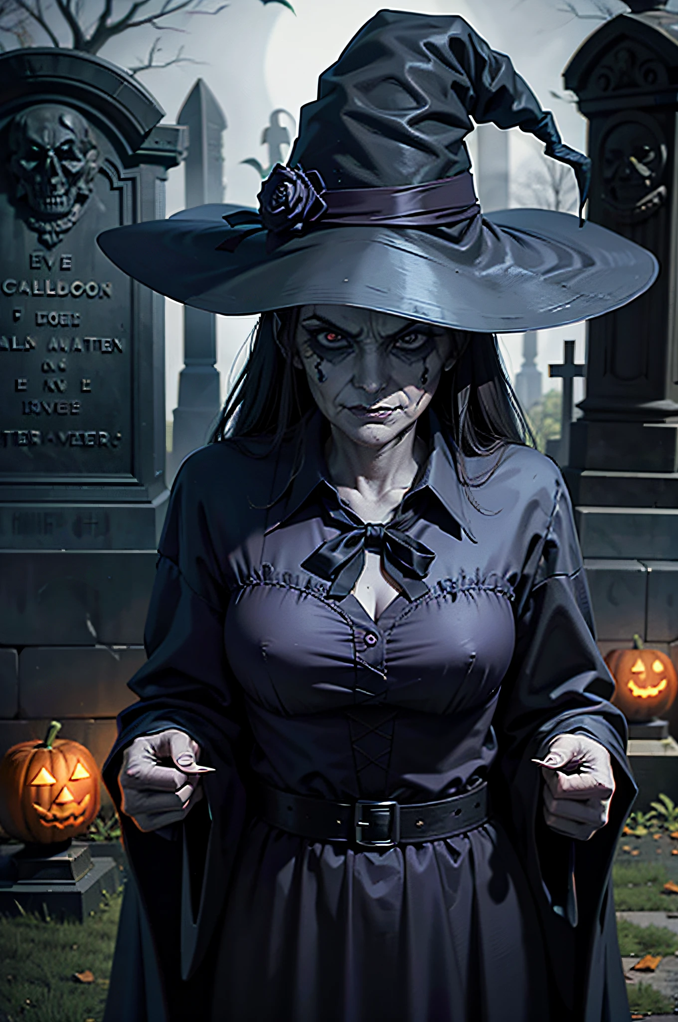 Halloween image of nefarious witches with old face and in gloomy cemetery