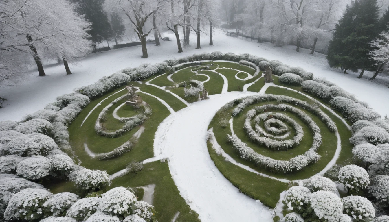 aerial view, medieval rose garden in the snow with blooming Hungarian roses and a spiraling path, gothic, beautiful, cinematic scene from film, ultra detailed, high res, 8k, cinematic