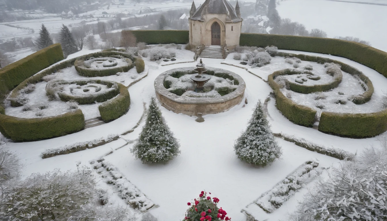 aerial view, medieval rose garden in the snow with blooming Hungarian roses and a spiraling path, gothic, beautiful, cinematic scene from film, ultra detailed, high res, 8k, cinematic
