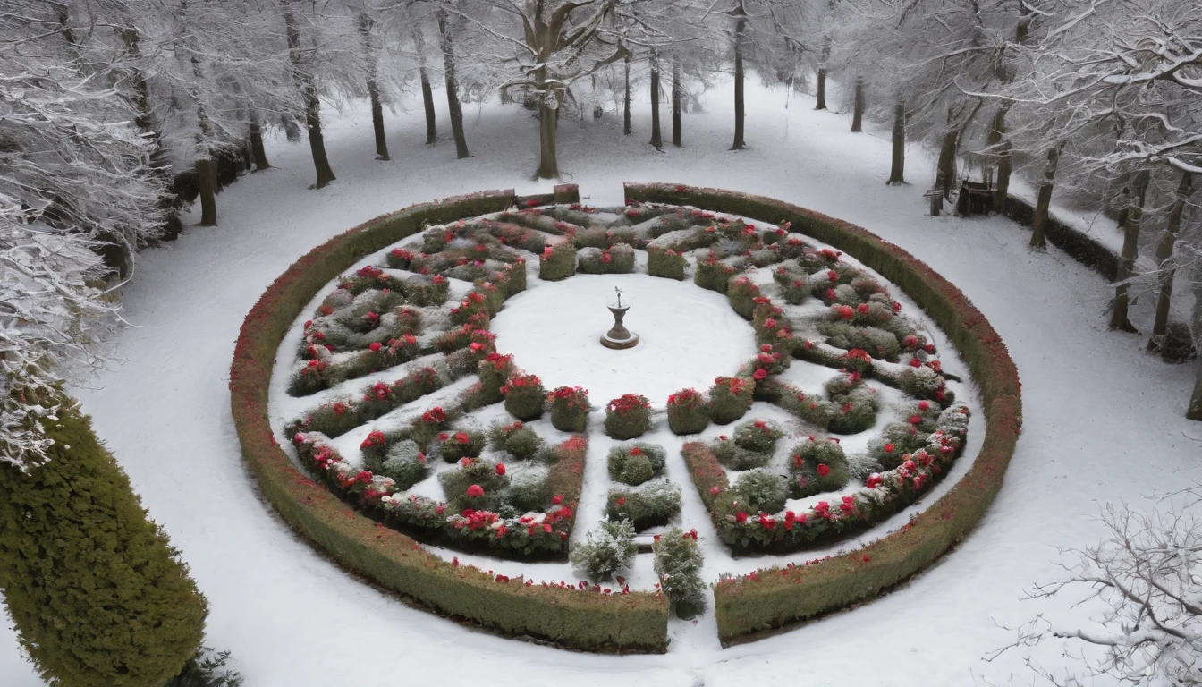 aerial view, medieval rose garden in the snow with blooming Hungarian roses and a spiraling path, gothic, beautiful, cinematic scene from film, ultra detailed, high res, 8k, cinematic