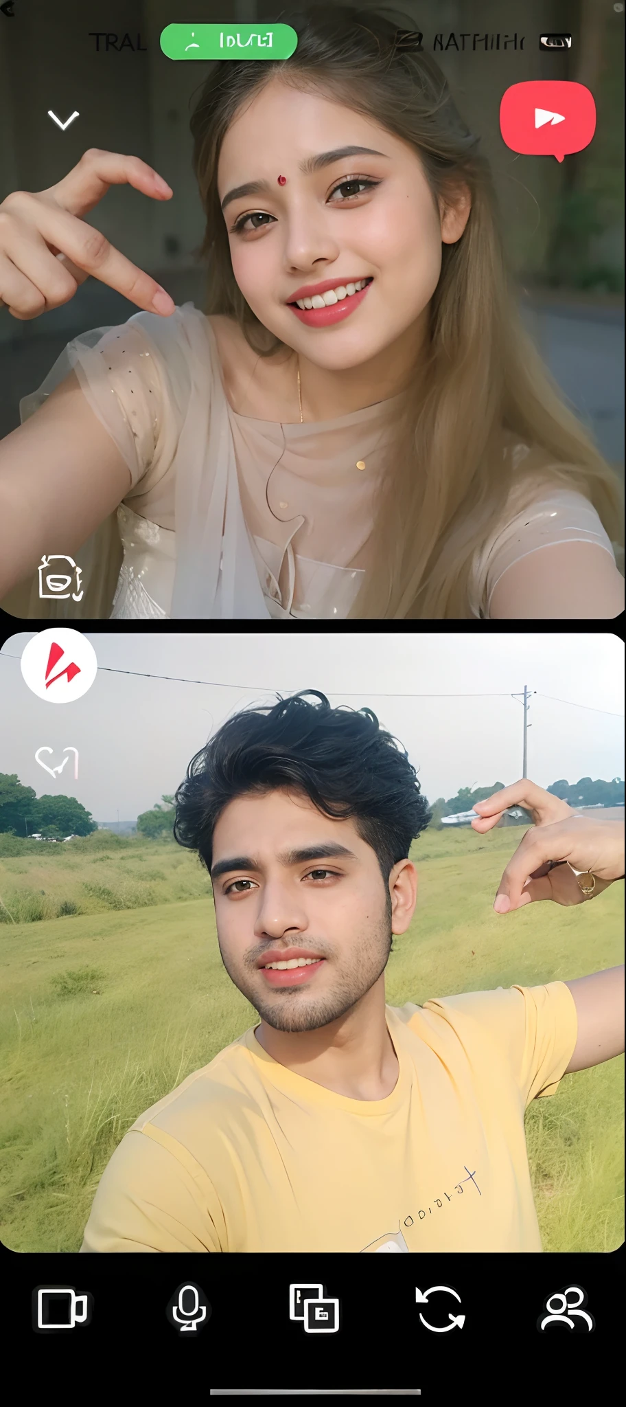 1(((desi girl))), 1(((Desi boy))), chubby face, natural skin, wearing hot deep neck top and dupatta, charming black hair, ((hair ends are blonde)), city streets background, bokeh look front
