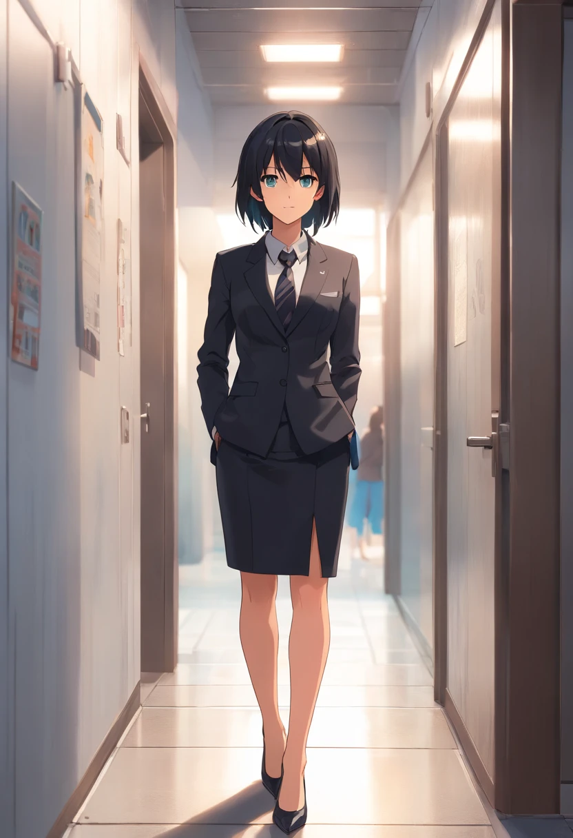 8K delicate perfect true 2D black hair long eyes black young mature woman wearing suit black, legs dressed in black silk, delicate face, Figure mature(Photo du corps entier)Leaning against a white wall, looking ahead, son visage est froid