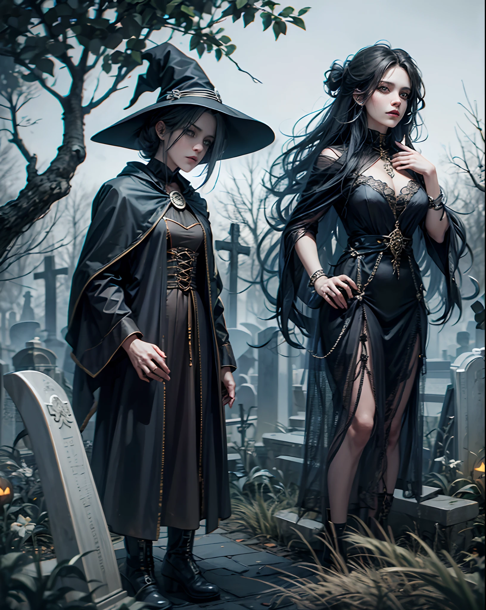 Halloween image of nefarious witches with old face and in gloomy cemetery --auto --s2