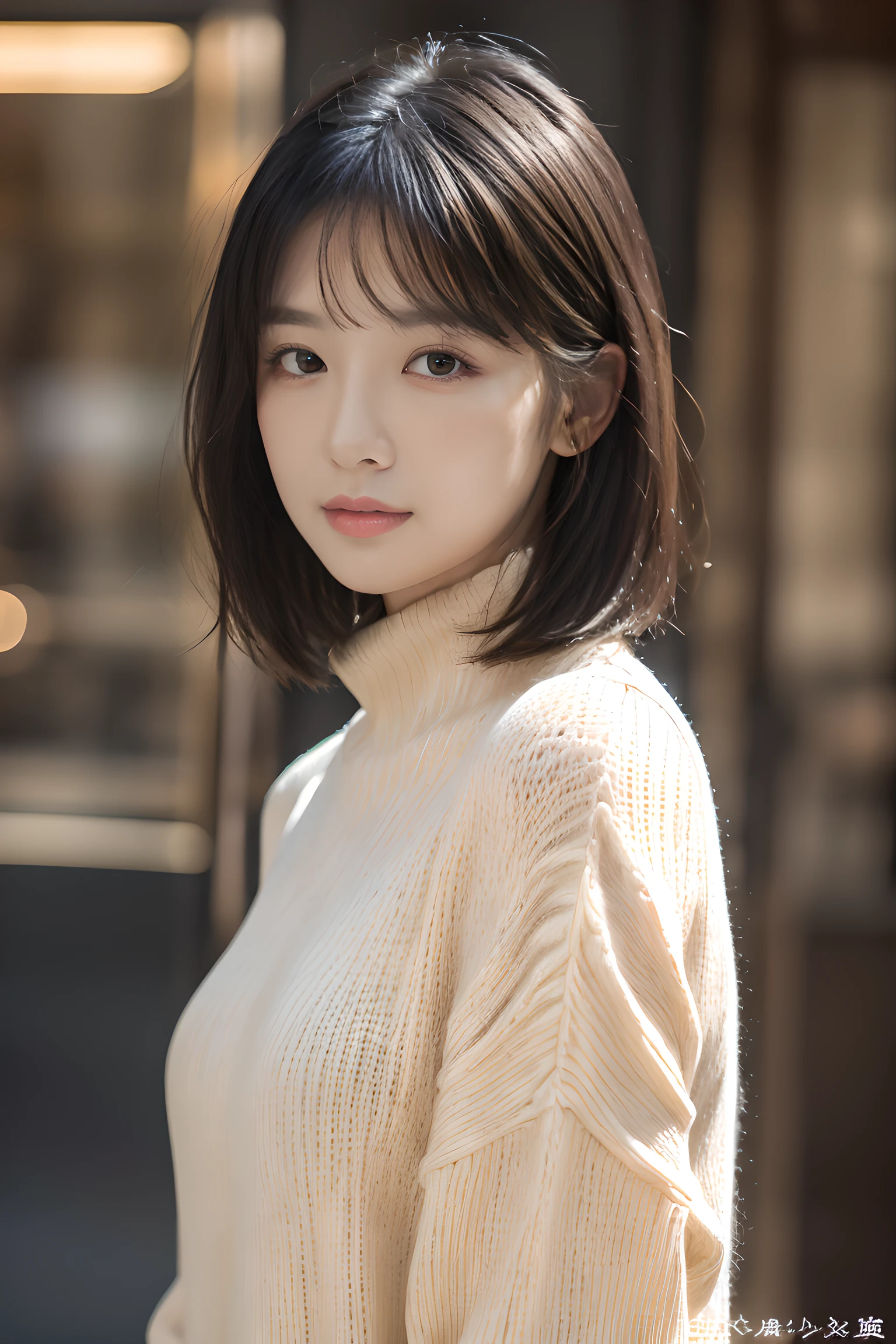 , long windblown [blue-black:.3] hair,looking at viewer, (masterpiece:1.3), (8k, photorealistic, RAW photo, best quality: 1.4), japanese, (1girl), beautiful face, (realistic face), (black hair, short hair:1.3), beautiful hairstyle, realistic eyes, beautiful detailed eyes, (realistic skin), beautiful skin, attractive, ultra high res, ultra realistic, highly detailed, golden ratio, beige fluffy loose turtleneck sweater, shorts,