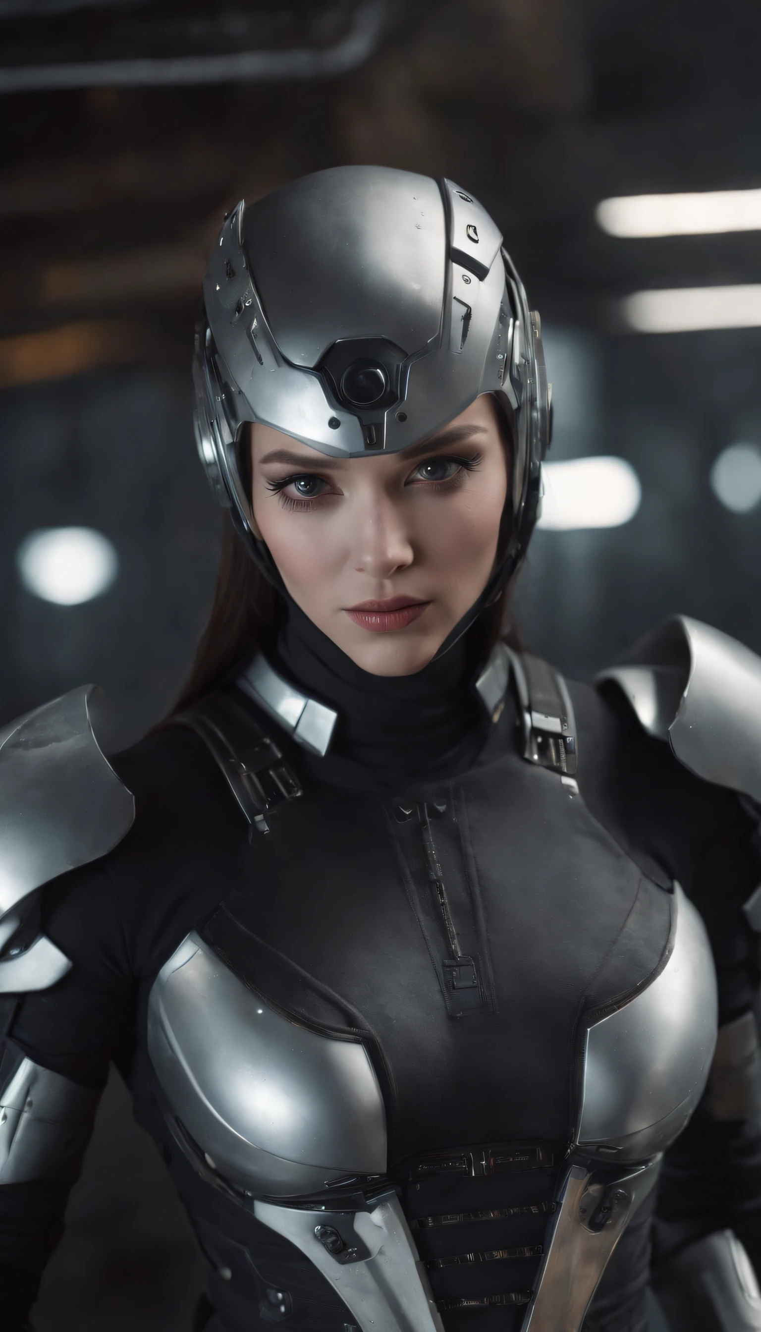 a beautiful cyborg warrior in style RustMagic, weitwinkel szene, obliquely from below, action, im Sprung, Backward-facing, Shooting with two futuristic handguns, Der Aufstieg von Cyberpunk, Cyberware, Cyborg, Kohlefaser, Chrom, Implantate, Totenkopf aus Metall, Cybernetic plate armor, (somber atmosphere:1.2), (diente & Rauch), (Dunkle Nacht:1.3), Narben, (zerzaustes, mittellanges, dunkles Haar:1.1), (Lidschatten:1.1), (Beautifully detailed brightness:1.2), (Filmische Beleuchtung), Komplizierte Details, High resolutions, Abgerundete Augen, detailed facial features, scharfer Fokus, GLATT, aesthetic, Detaillierter dunkler industrieller Fabrikhintergrund, Elegante Posen, Dynamische Pose, (Dramapaint)