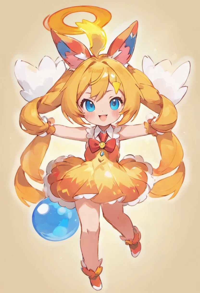 sylveon.Four legs.Bright and cheerful smile.Blue eyes、Yellow tie，Gentle face like mom，，Wearing an orange flame，hair is long，Hair color is golden，Braids，Red feathers，