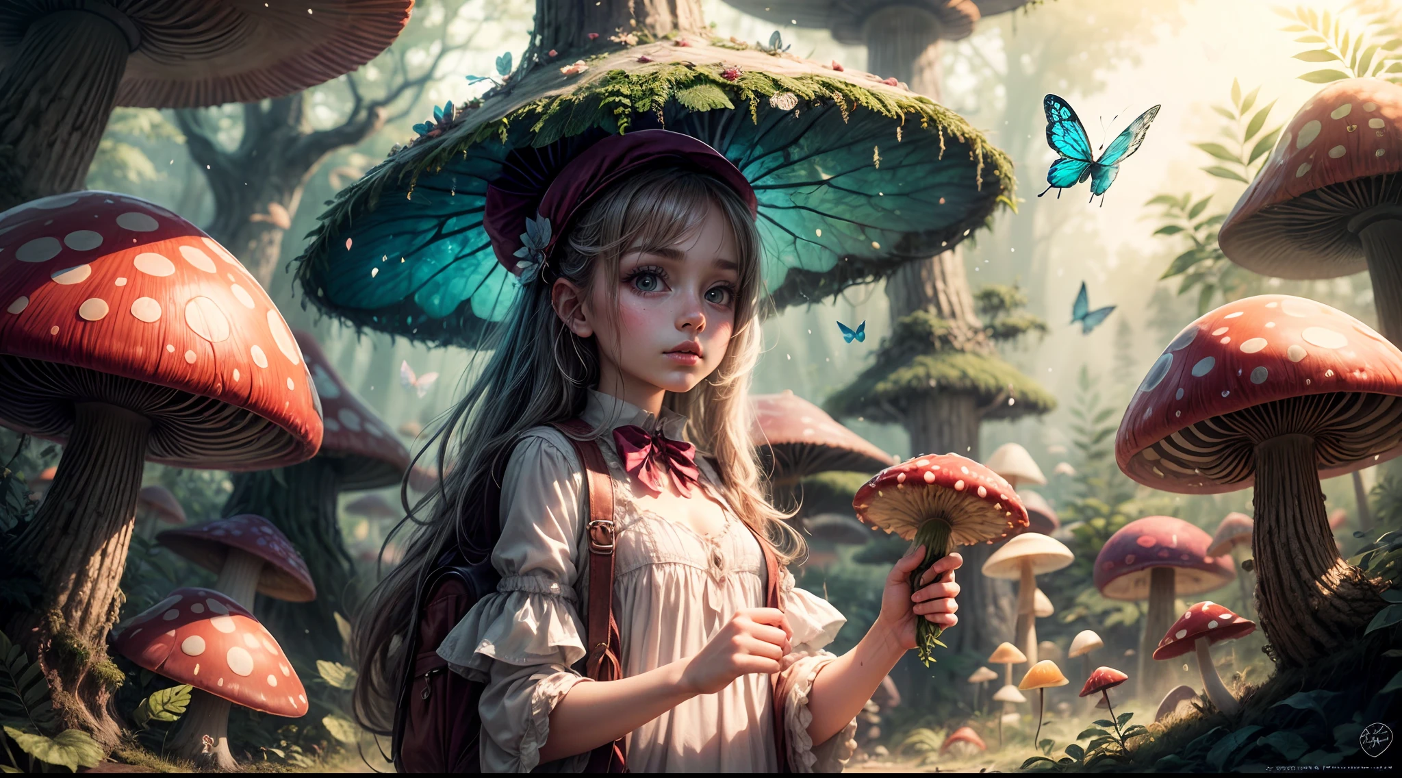 "Magical encounter, closeup young girl exploring, gigantic mushroom, ethereal butterflies, misty wonderland, enchanting details"