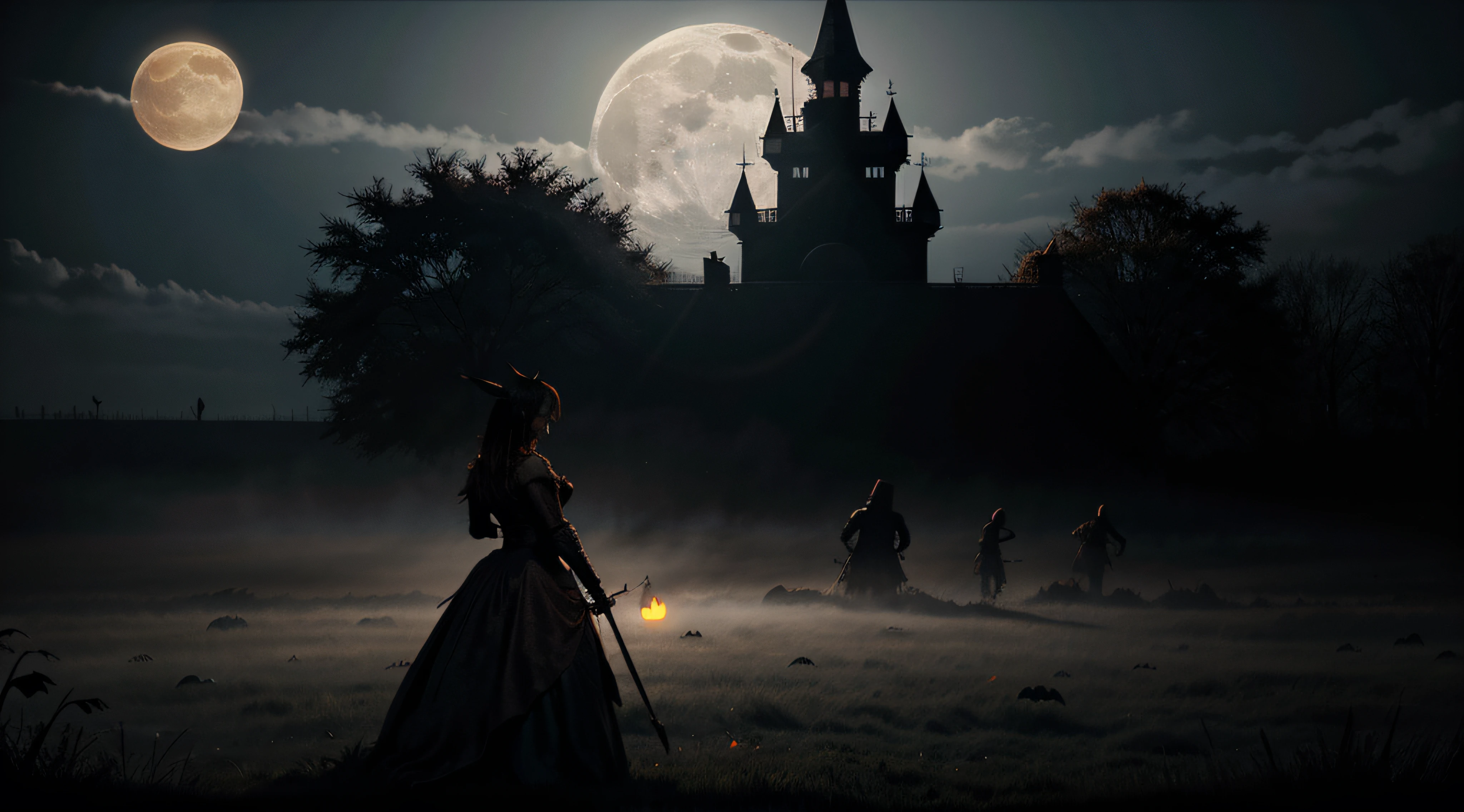 vector mystical illustration. background fog on background bloody moon with silhouettes of scary characters pumpkin, witch, zombie hand. Halloween party graphics design.