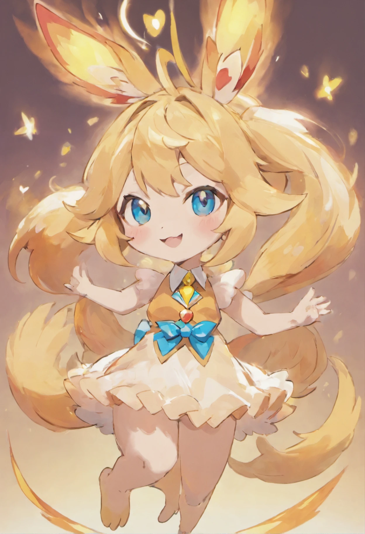 sylveon.Four legs.Bright and cheerful smile.Blue eyes、Yellow tie，Gentle face like mom，，Wearing an orange flame，hair is long，Hair color is golden，Braids，Red feathers，