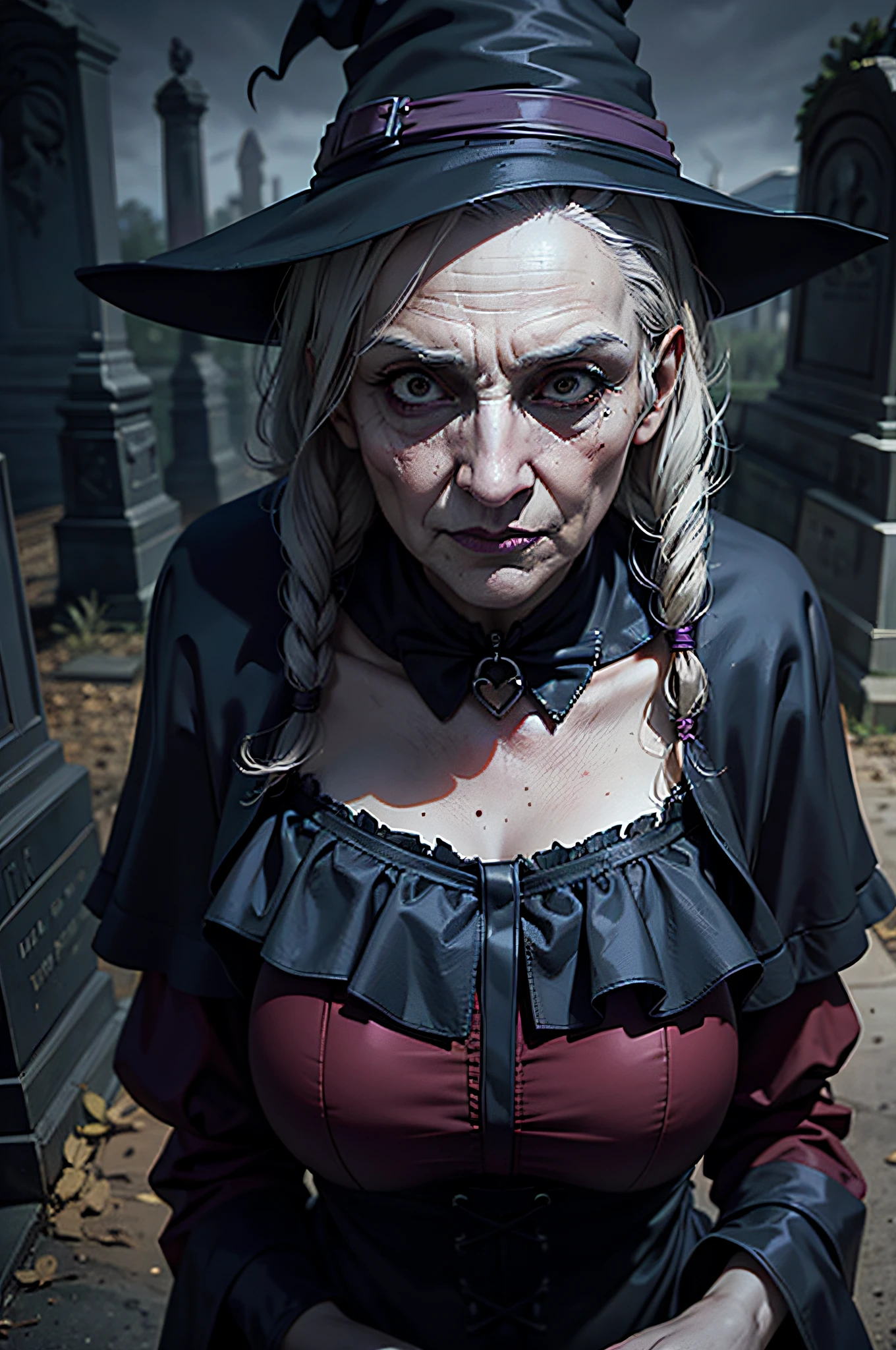Halloween image of nefarious witches with old face and in gloomy cemetery