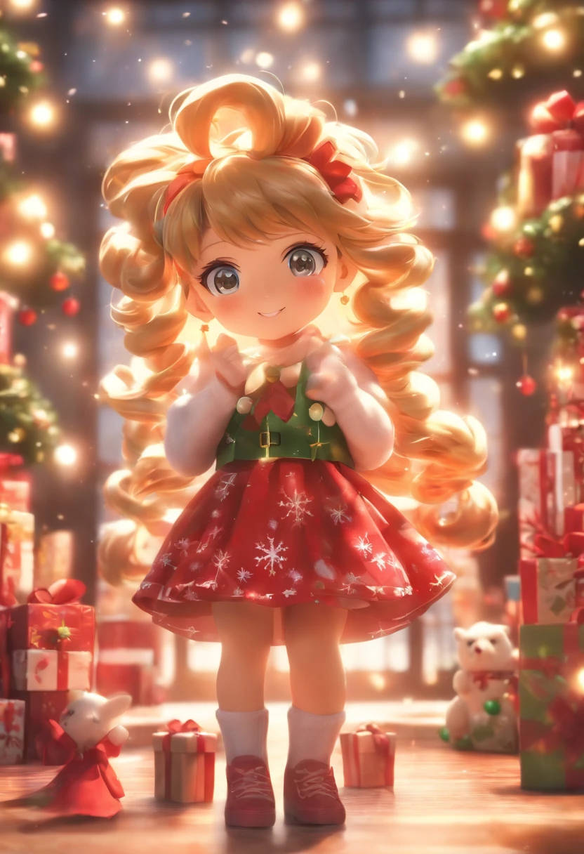 During Christmas parties,Cute s,Plush socks with Christmas elements,short skirt,Christmas theme,(tmasterpiece: 1.2) (realisticlying: 1.2) (Bokeh) (best qualityer) (Detailed skins: 1.3) (intricately details) (8K) (detailedeyes) (sharp-focus), (cheerfulness) a blind box toy, Glossy and delicate,Clean background, Good gloss, 3D rendering of,Best quality dappled sunlight,