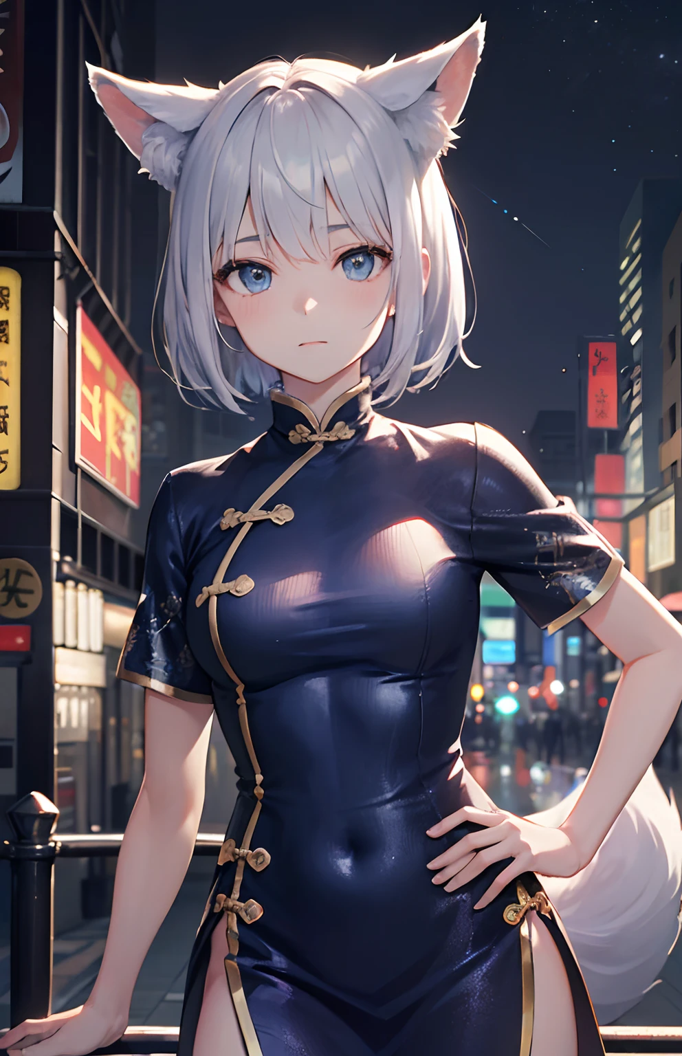masterpiece,Top image quality,hight resolution,imagem 4k,Raw photo,Photorealsitic,{Solo},s girl,silber hair,Bery short hair,stare at each other,Blue eyes,小柄,Silver fox ears,Fox tail,Night city,Shy face,,boyish,qipao dress,